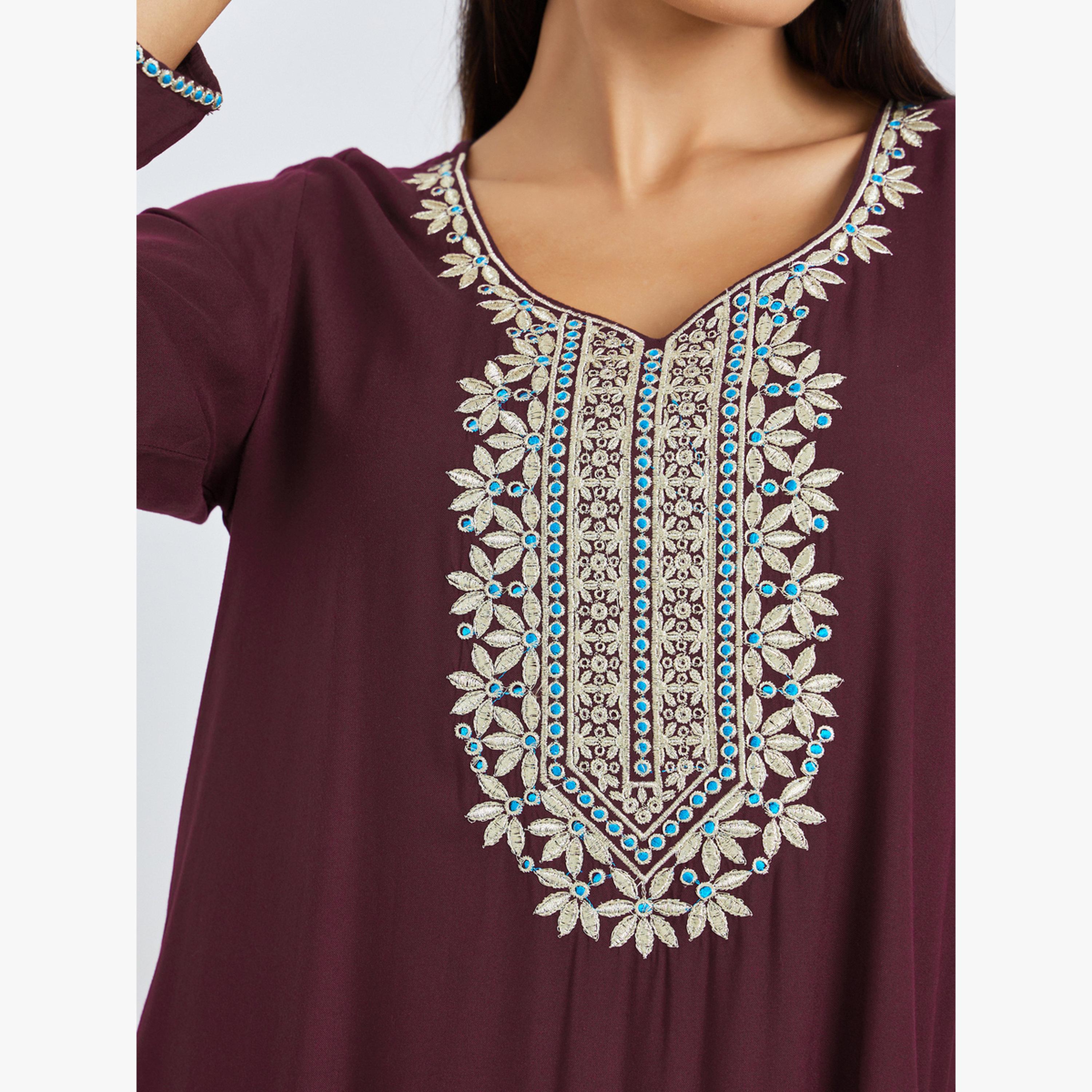 Styli Burgundy Embroidered Yoke Jalabiya-women-arabicclothing-jalabiyas-image-6