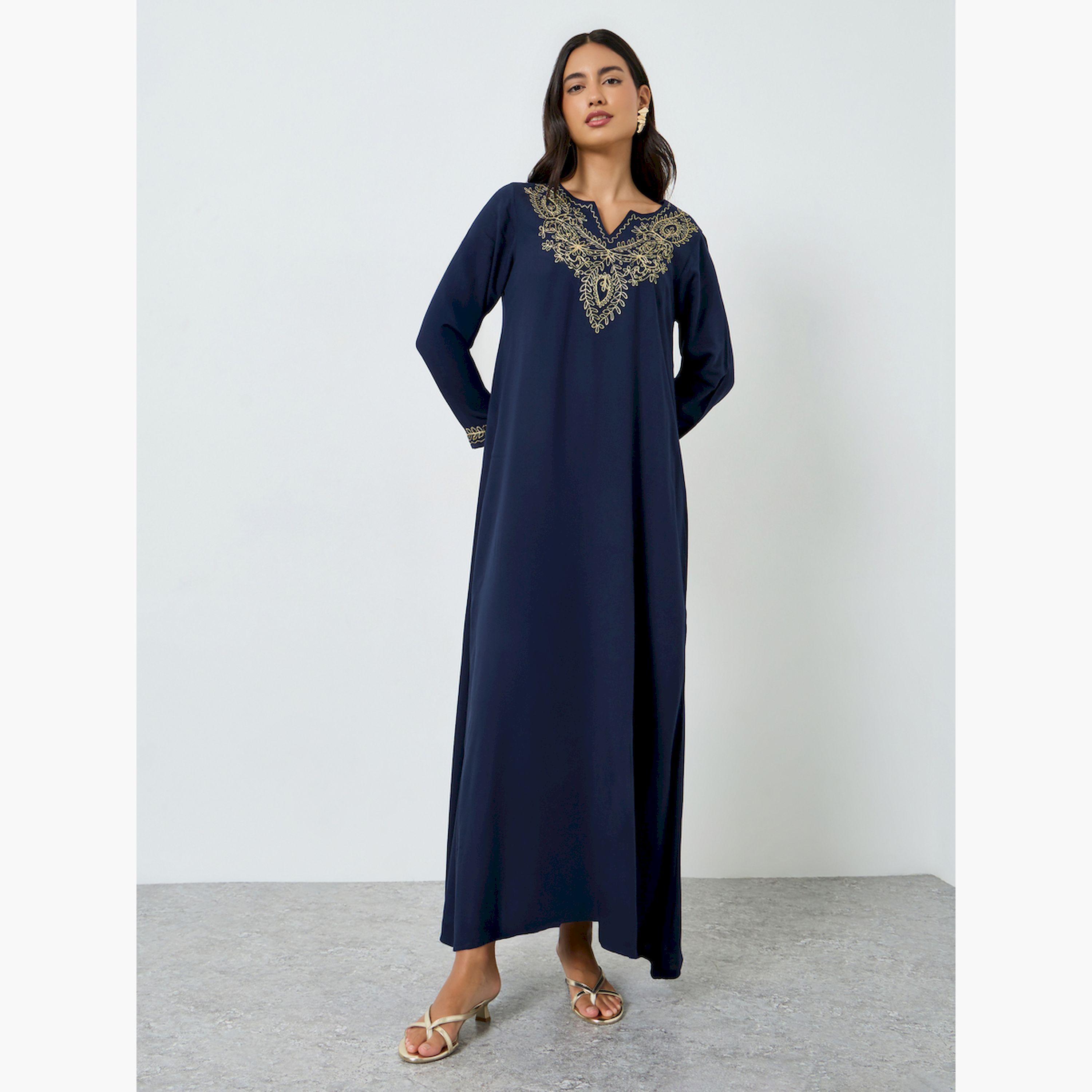 Styli Navy Blue Embroidered Notch Neck Jalabiya-women-arabicclothing-jalabiyas-image-1