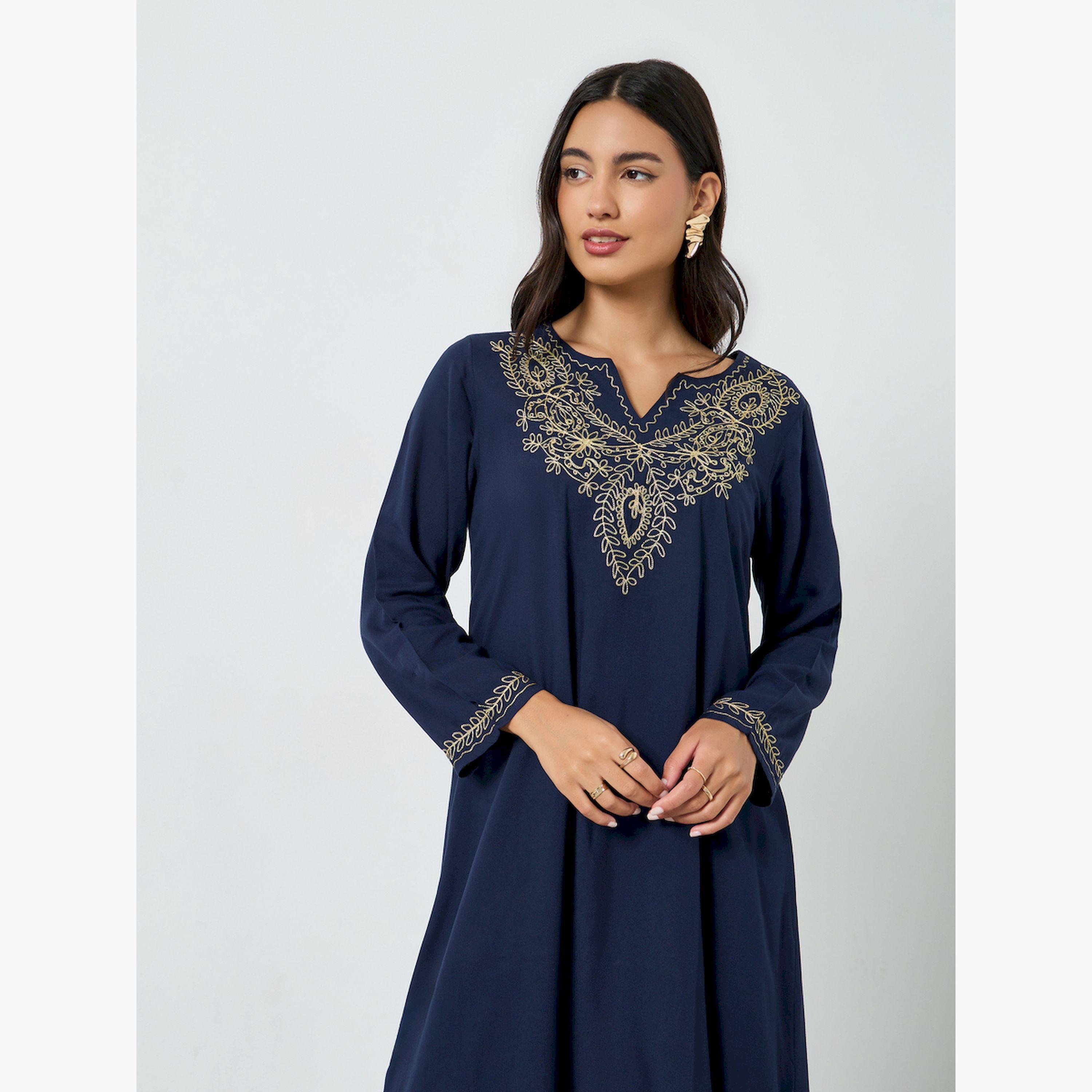 Styli Navy Blue Embroidered Notch Neck Jalabiya-women-arabicclothing-jalabiyas-image-2