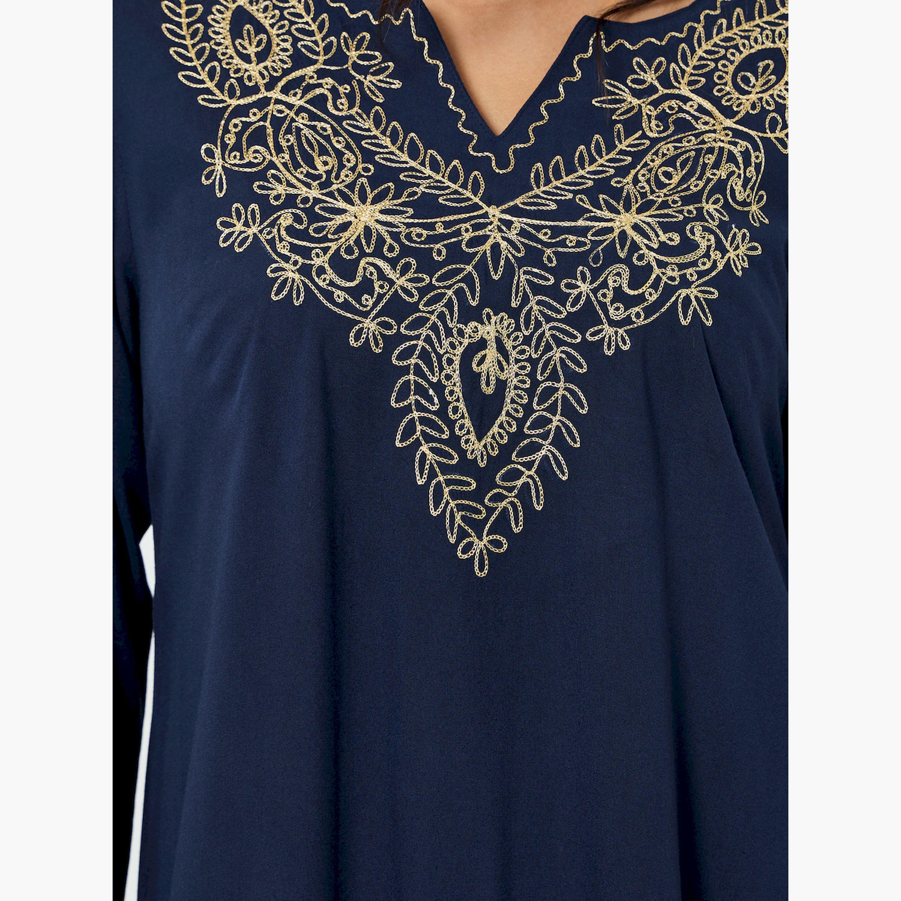 Styli Navy Blue Embroidered Notch Neck Jalabiya-women-arabicclothing-jalabiyas-image-4