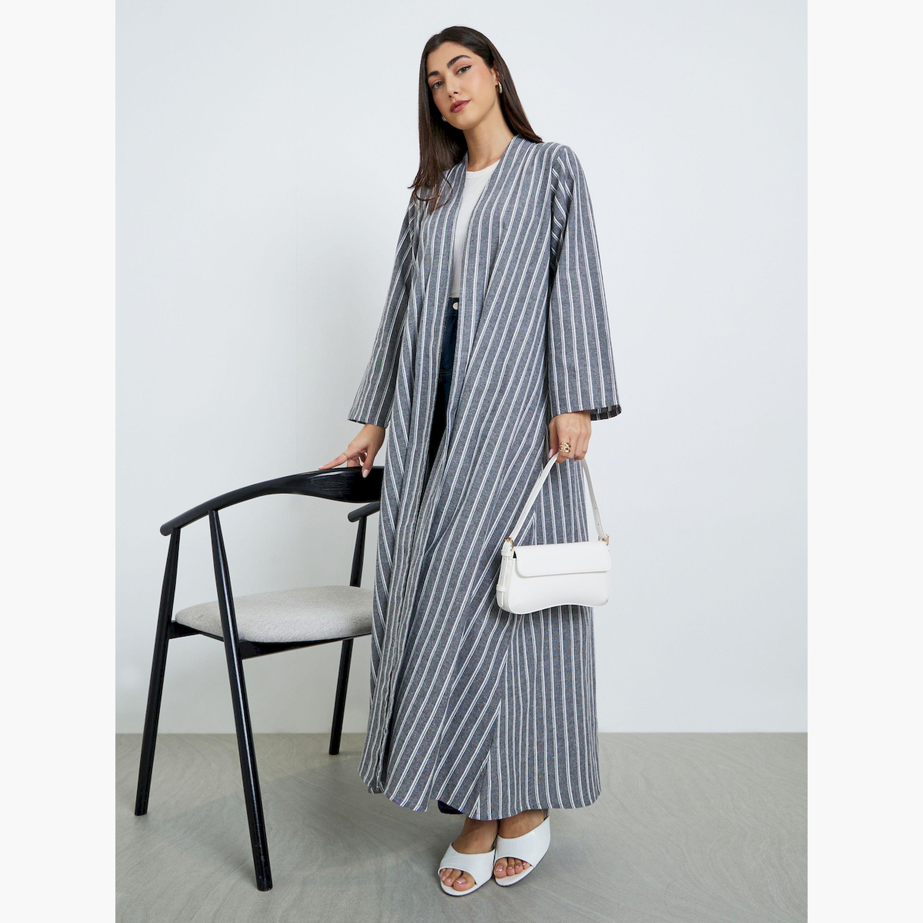 Styli Grey Striped Open Front A-Line Abaya-women-arabicclothing-abayas-image-1