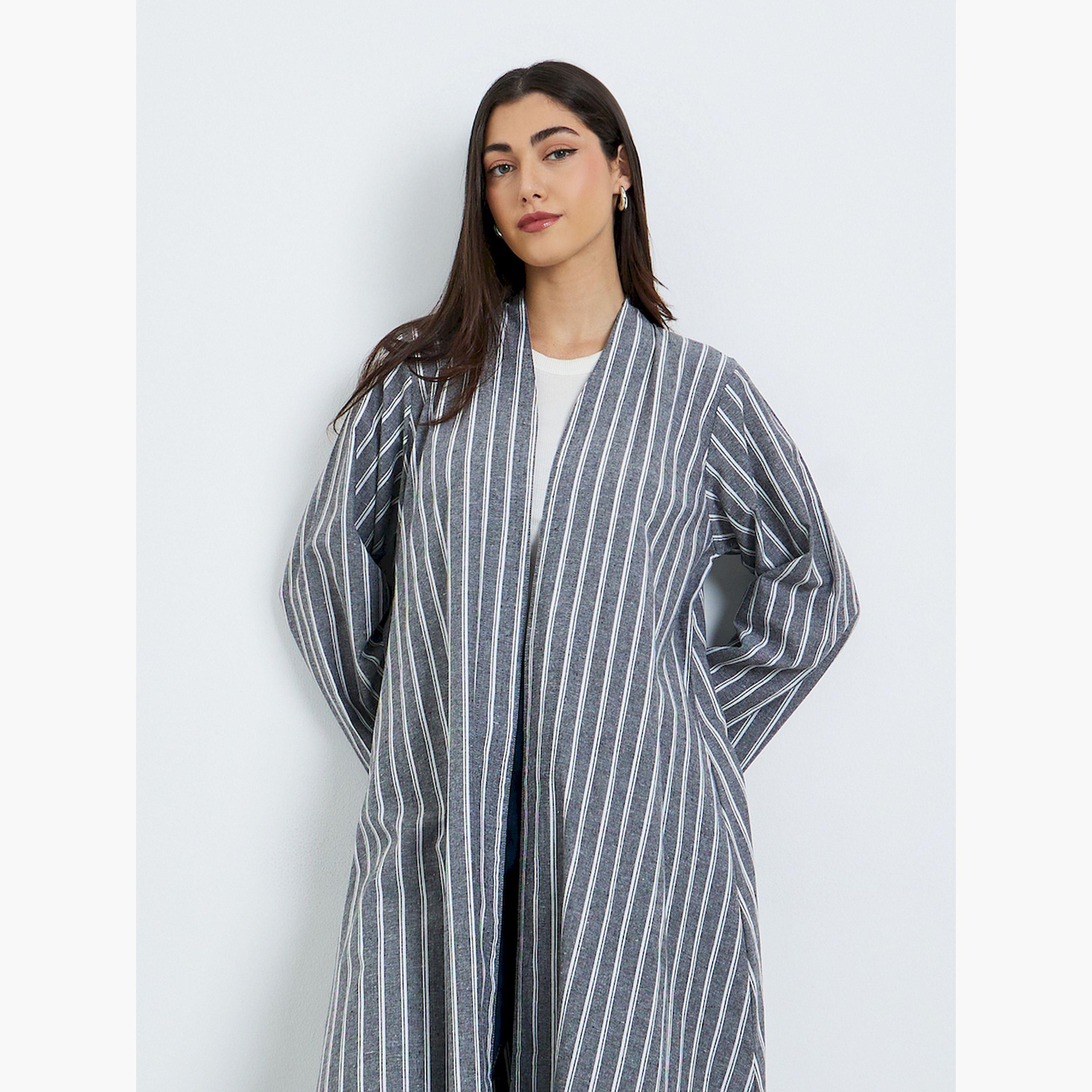 Styli Grey Striped Open Front A-Line Abaya-women-arabicclothing-abayas-image-2