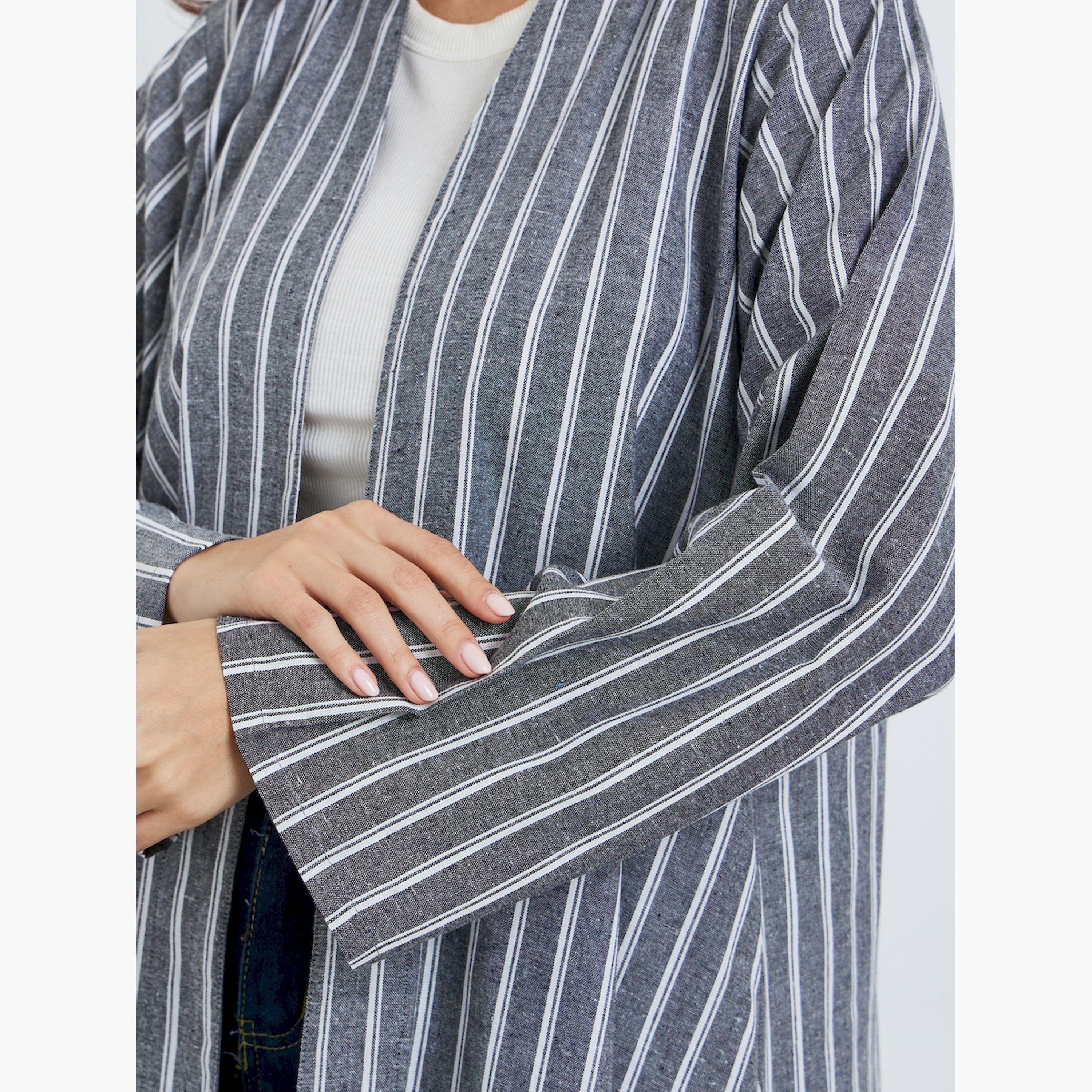 Styli Grey Striped Open Front A-Line Abaya-women-arabicclothing-abayas-image-5
