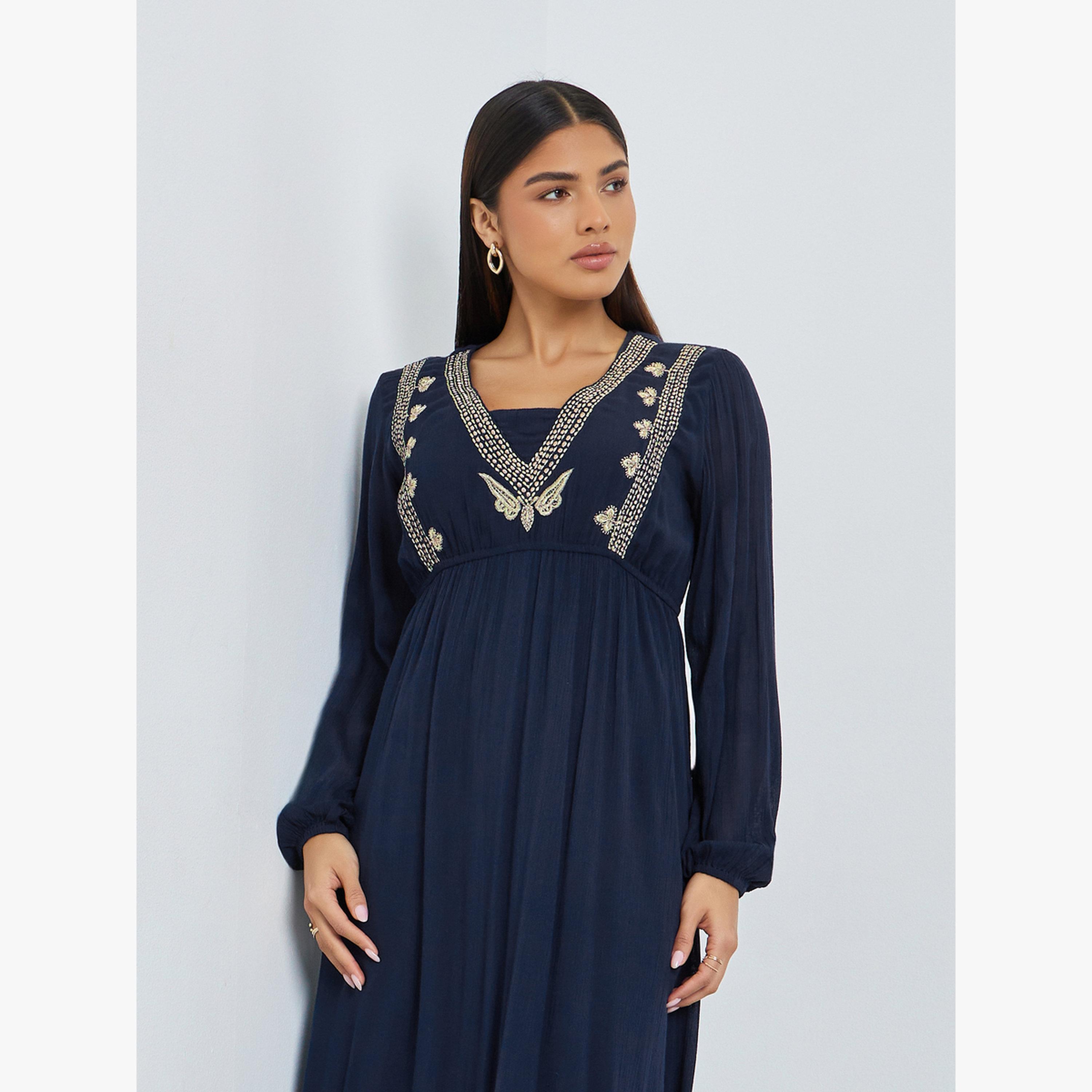 Styli Navy Blue Embroidered Jalabiya with Inner Dress-women-arabicclothing-jalabiyas-image-2