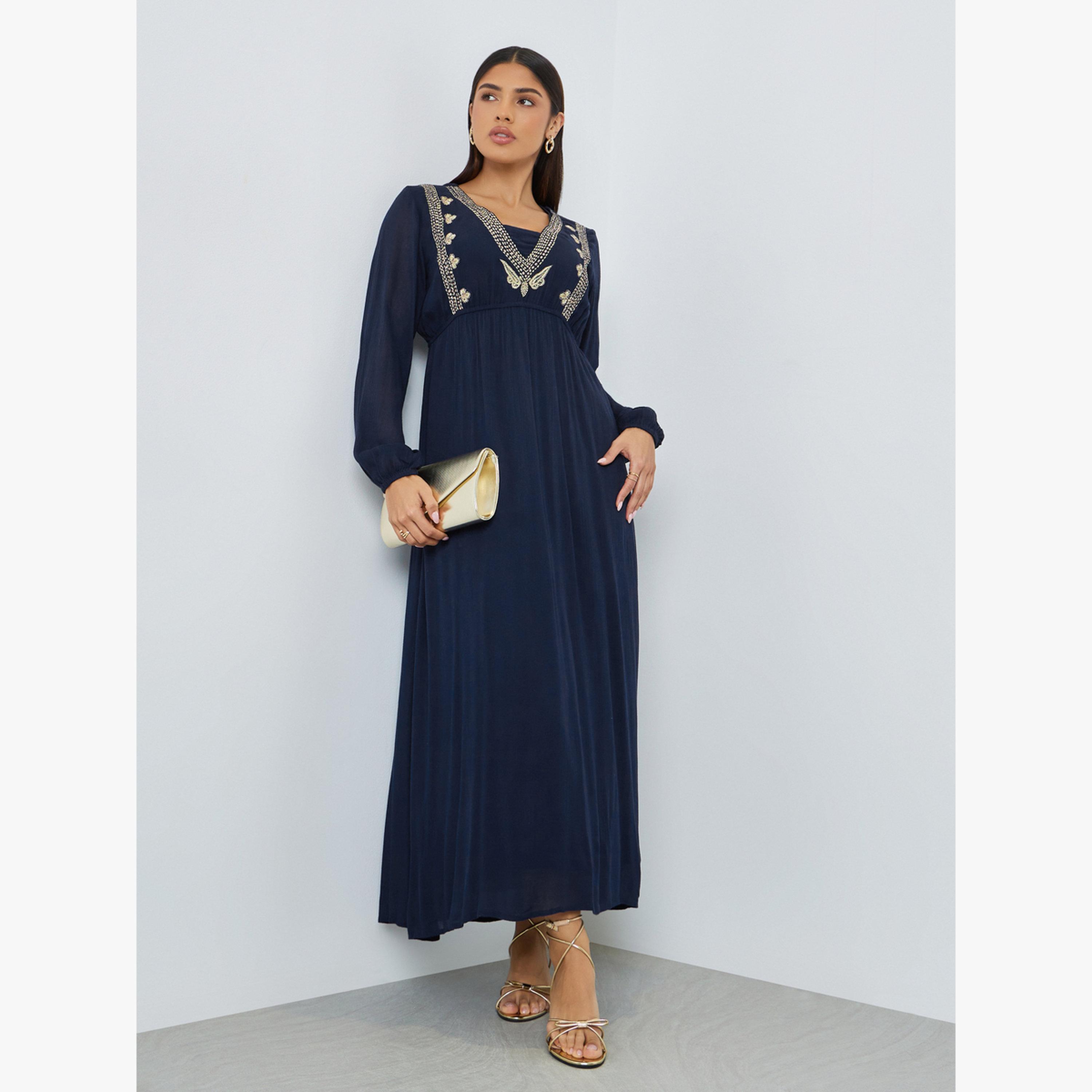 Styli Navy Blue Embroidered Jalabiya with Inner Dress-women-arabicclothing-jalabiyas-image-3