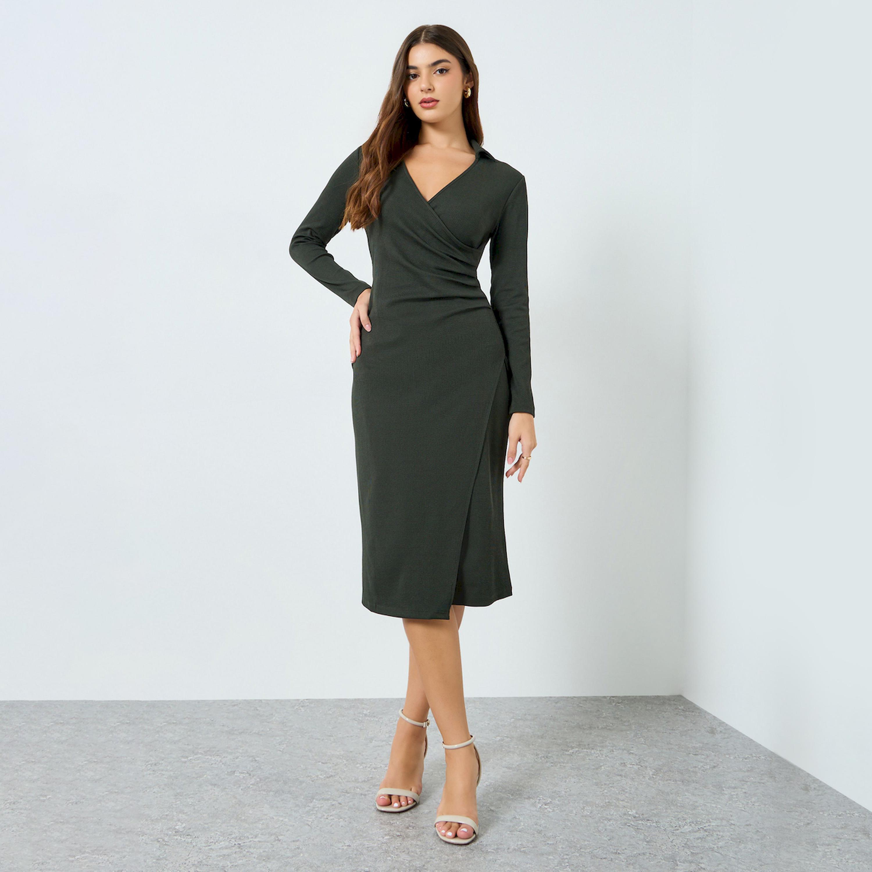 Styli Women Olive Ribbed Bodycon Midi Dress-women-clothing-dresses-image-1