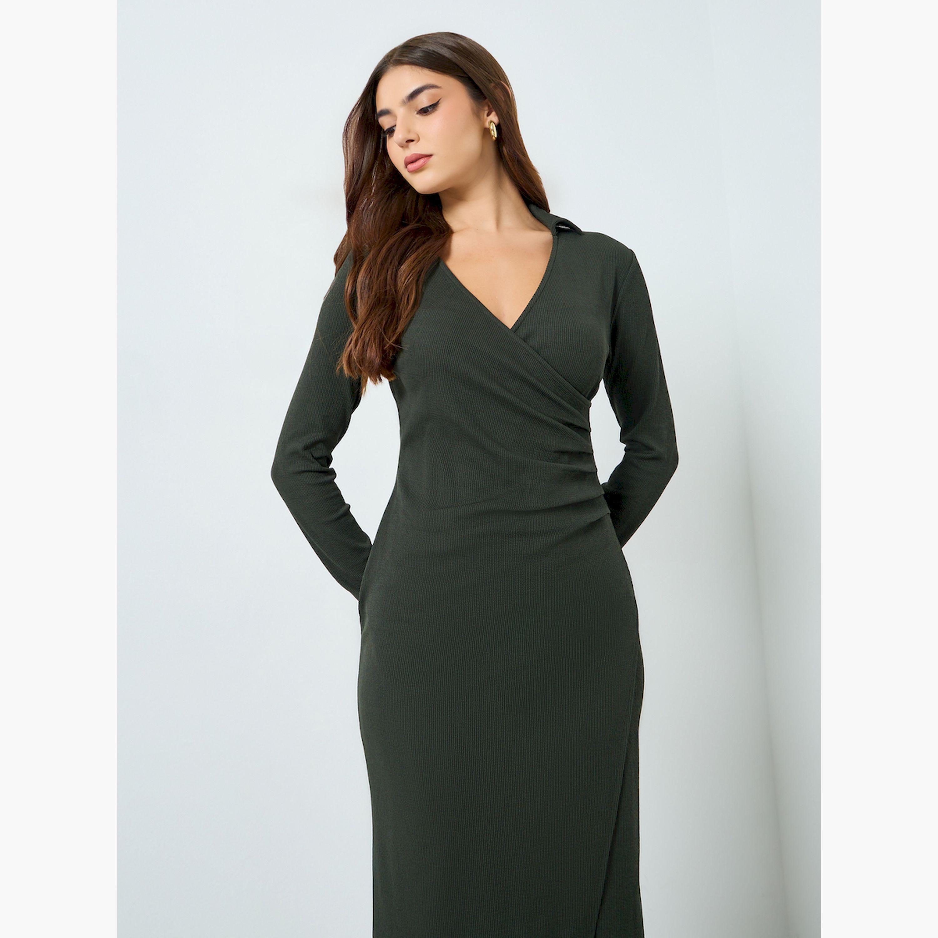 Styli Women Olive Ribbed Bodycon Midi Dress-women-clothing-dresses-image-3