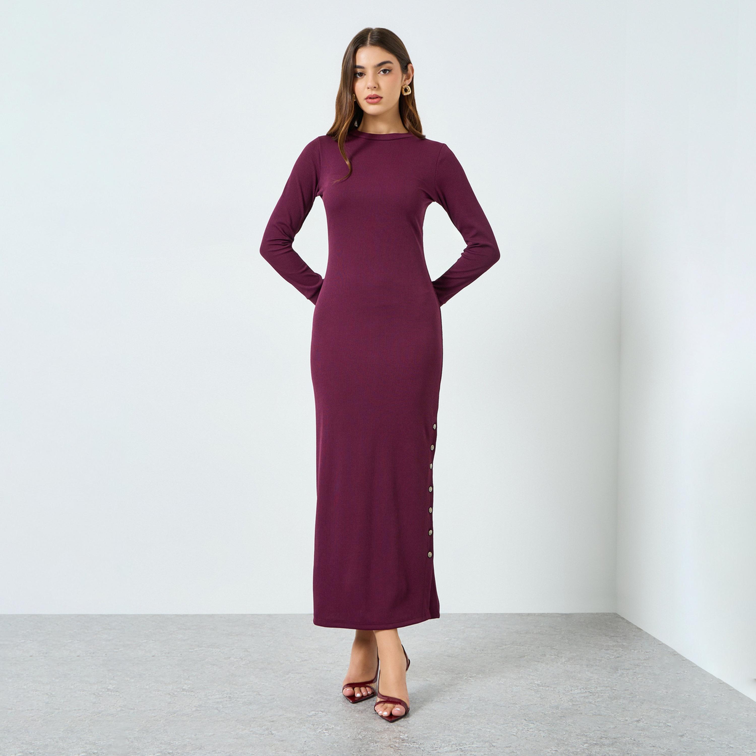 Styli Burgundy Maxi Sheath Dress with Long Sleeves-women-clothing-dresses-image-1