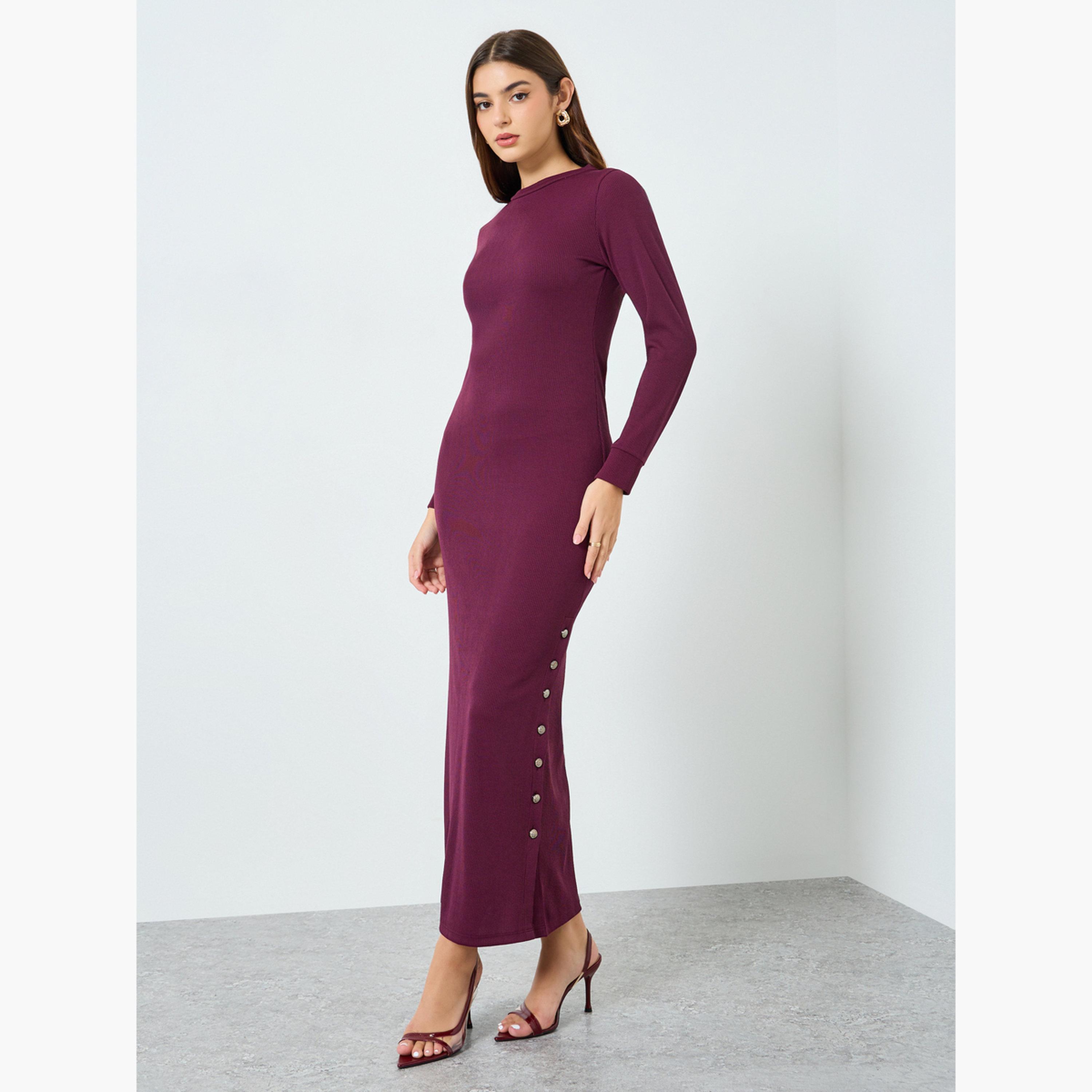 Styli Burgundy Maxi Sheath Dress with Long Sleeves-women-clothing-dresses-image-2