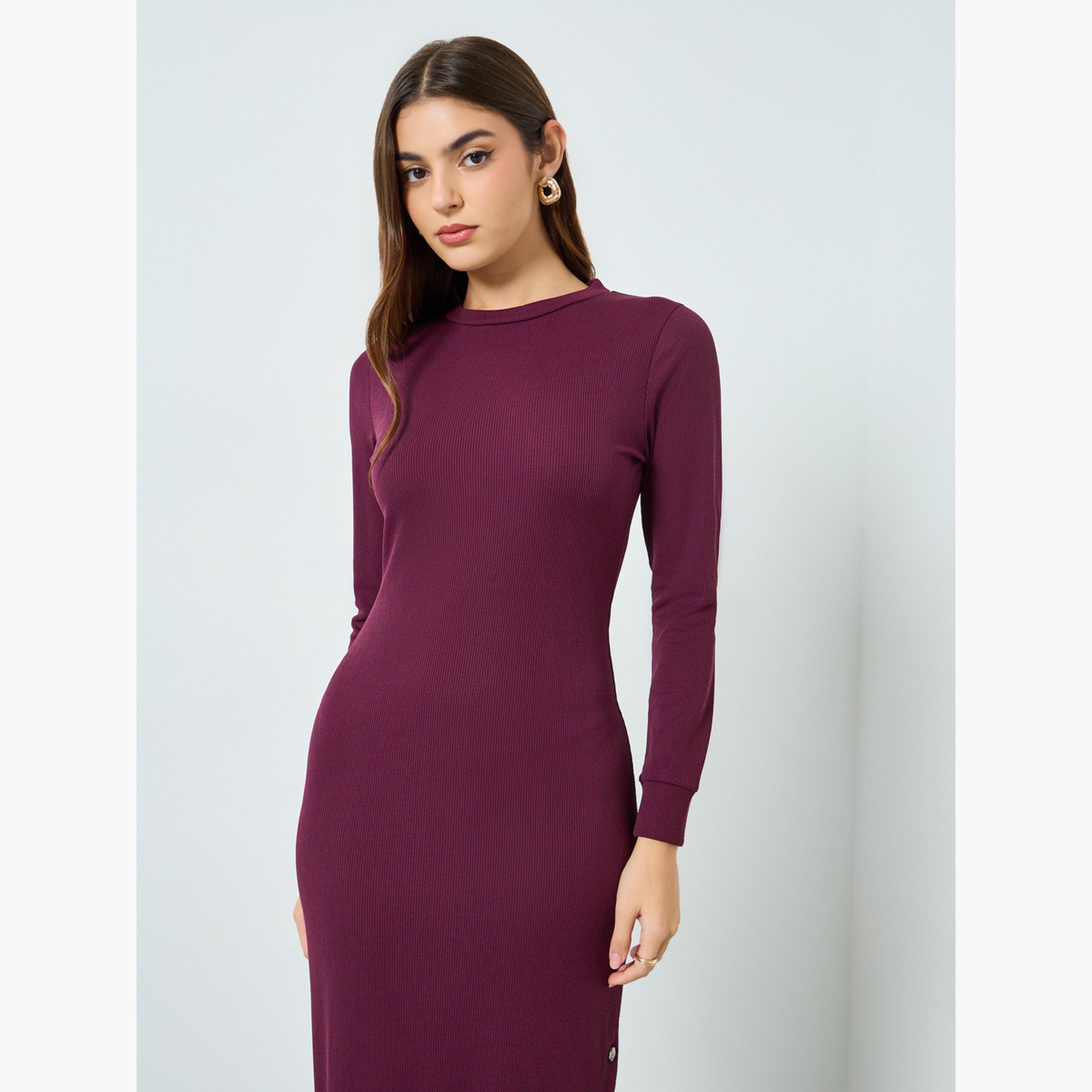 Styli Burgundy Maxi Sheath Dress with Long Sleeves-women-clothing-dresses-image-3