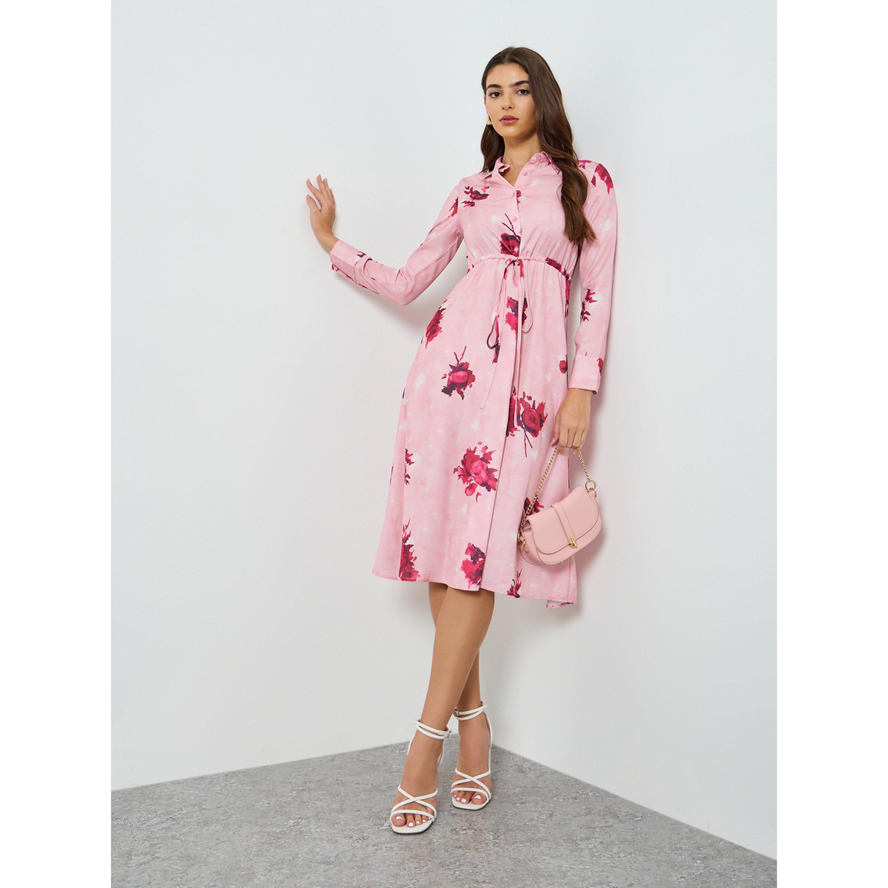 Styli Women Pink Floral Print A-Line Midi Dress-women-clothing-dresses-image-1