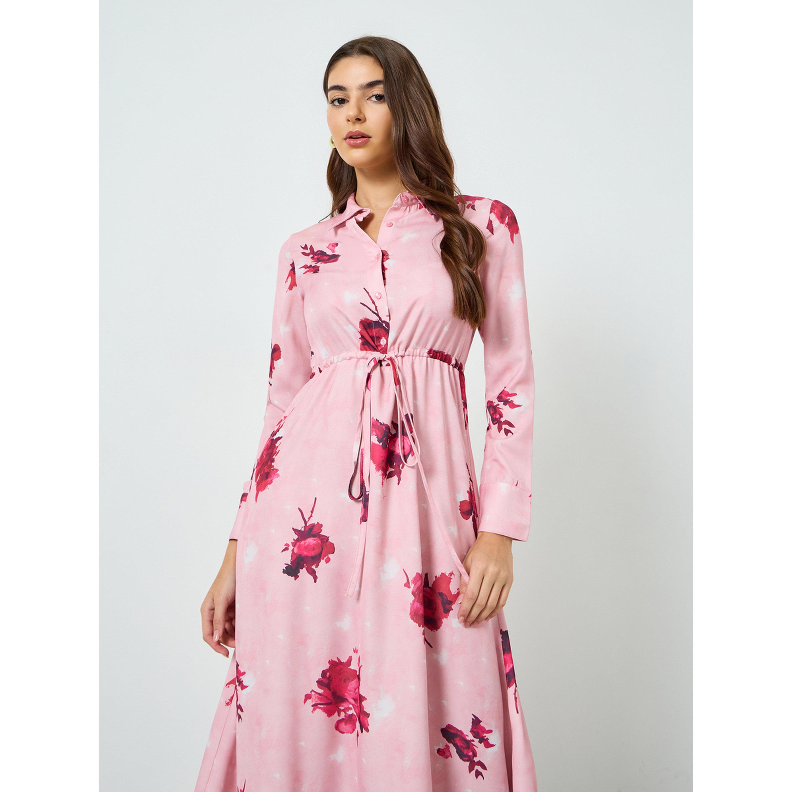 Styli Women Pink Floral Print A-Line Midi Dress-women-clothing-dresses-image-2