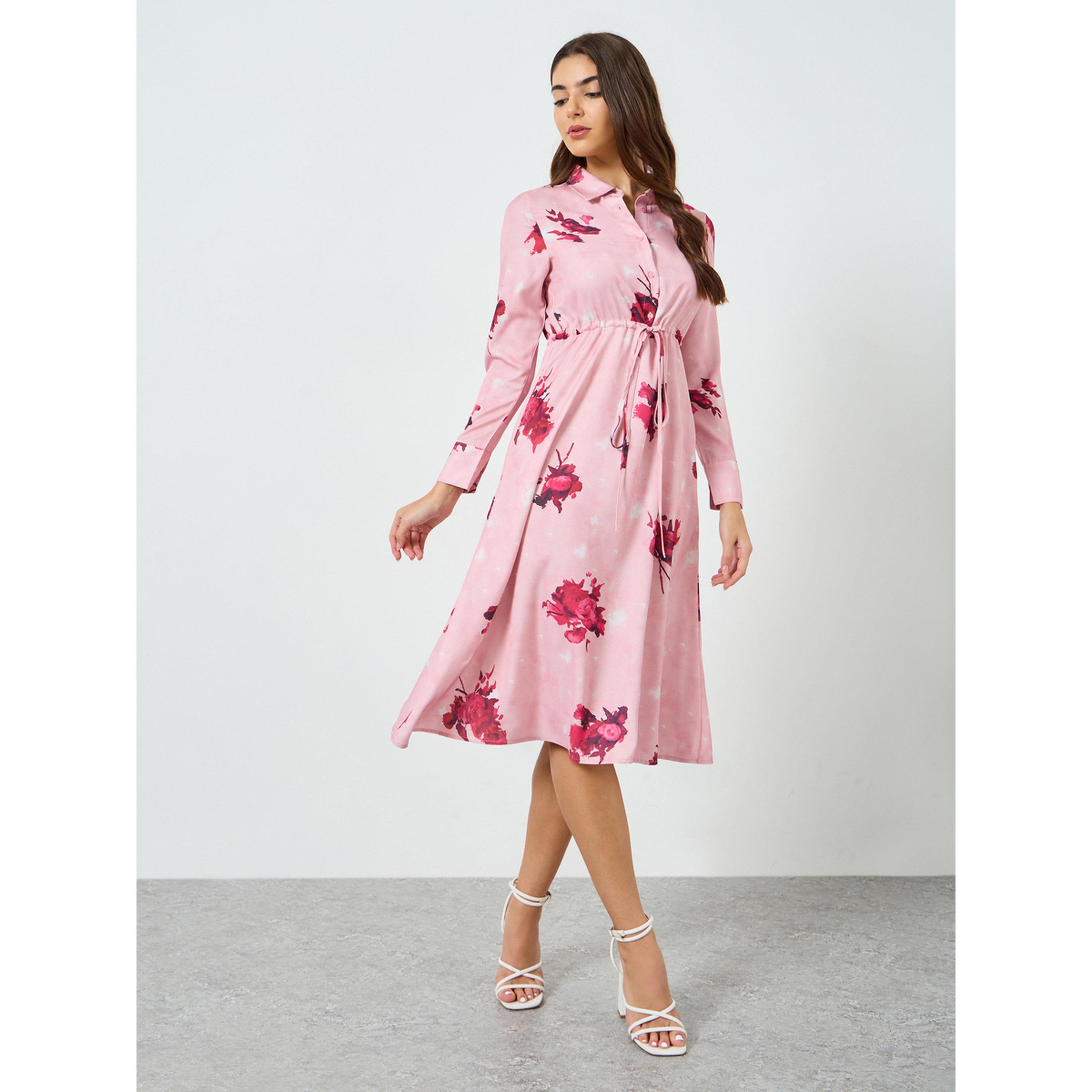 Styli Women Pink Floral Print A-Line Midi Dress-women-clothing-dresses-image-3