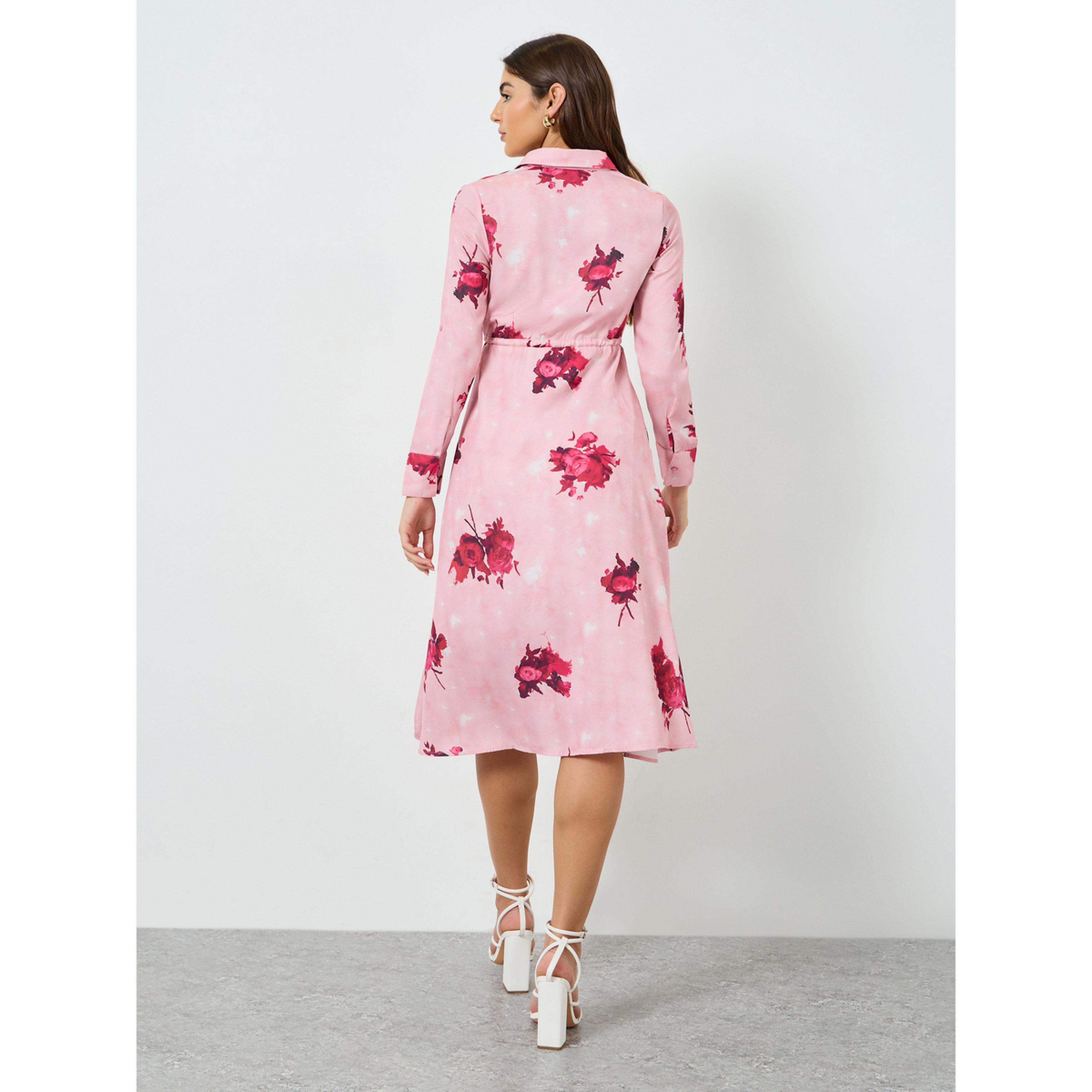Styli Women Pink Floral Print A-Line Midi Dress-women-clothing-dresses-image-4