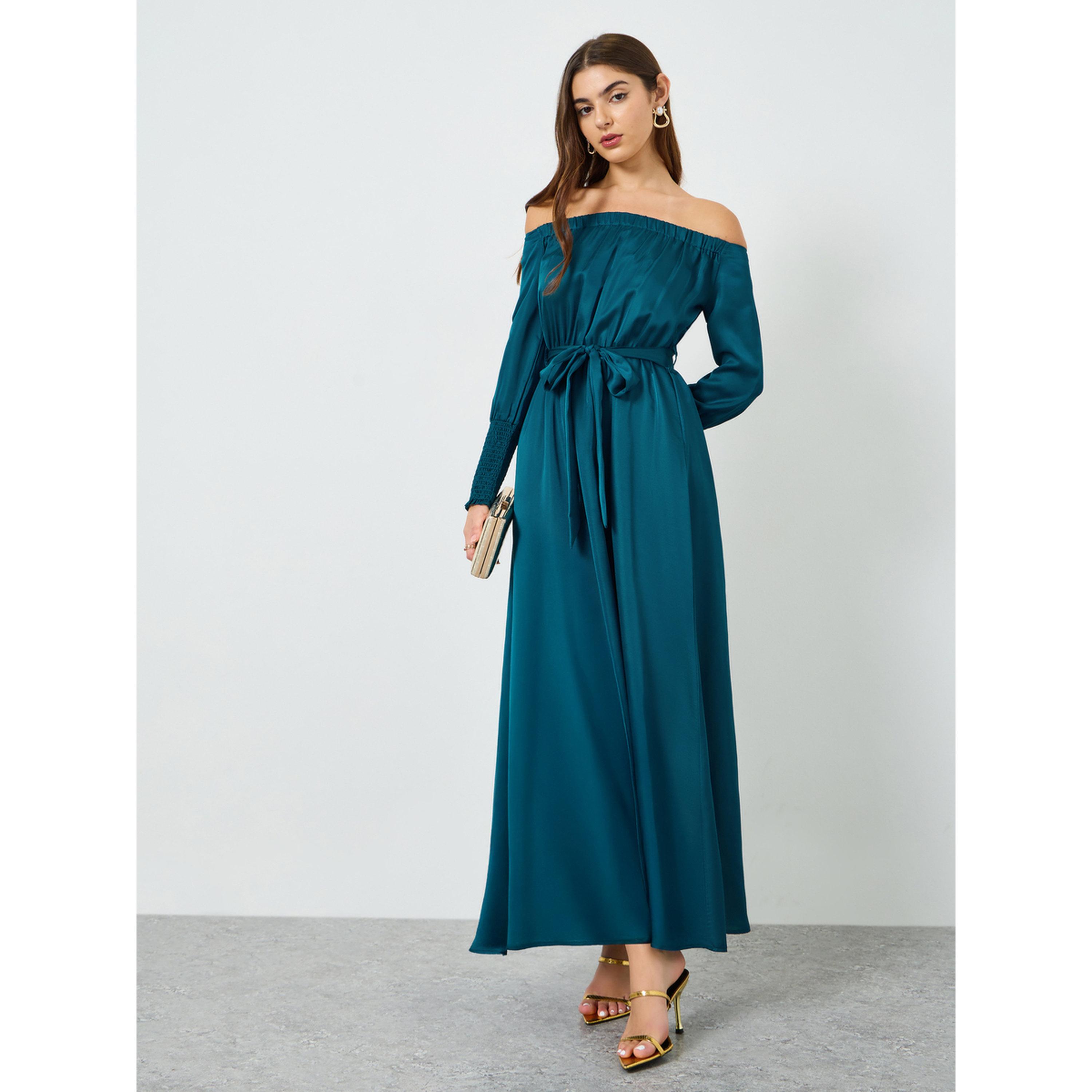 فستان طويل مكشوف الأكتاف مع حزام ربط-women-clothing-dresses-image-1