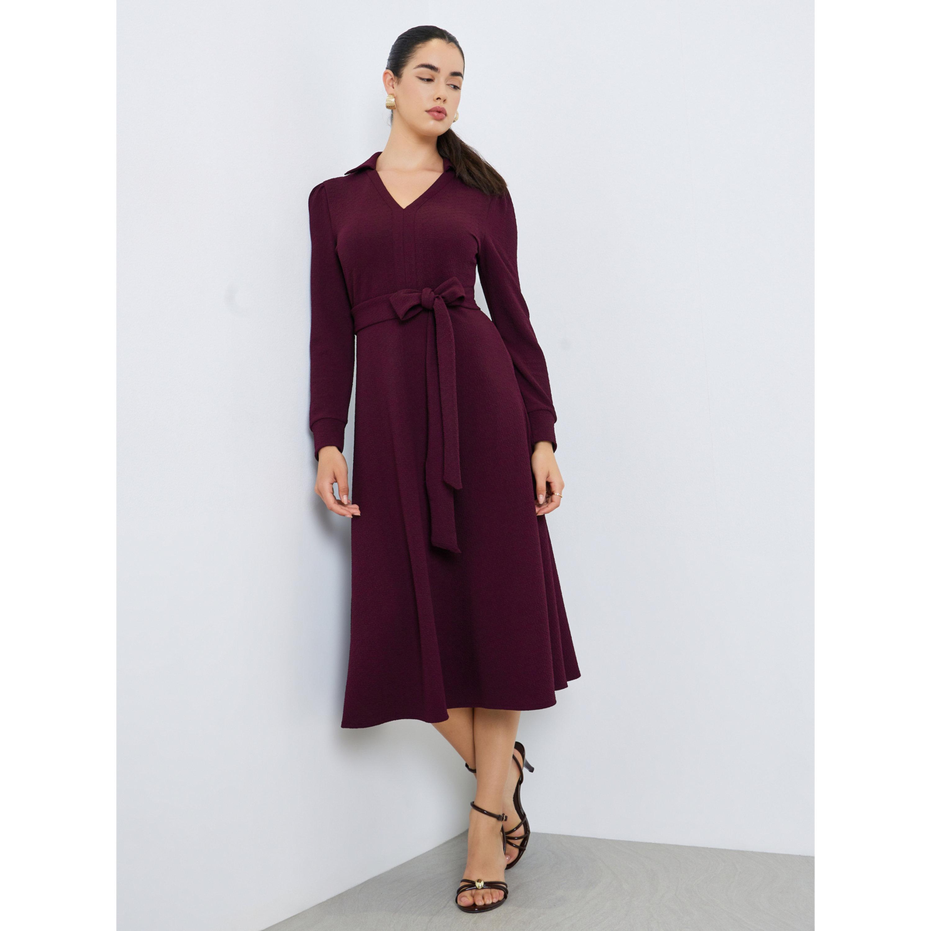 فستان ميدي برباط خصر وحافة واسعة-women-clothing-dresses-image-1