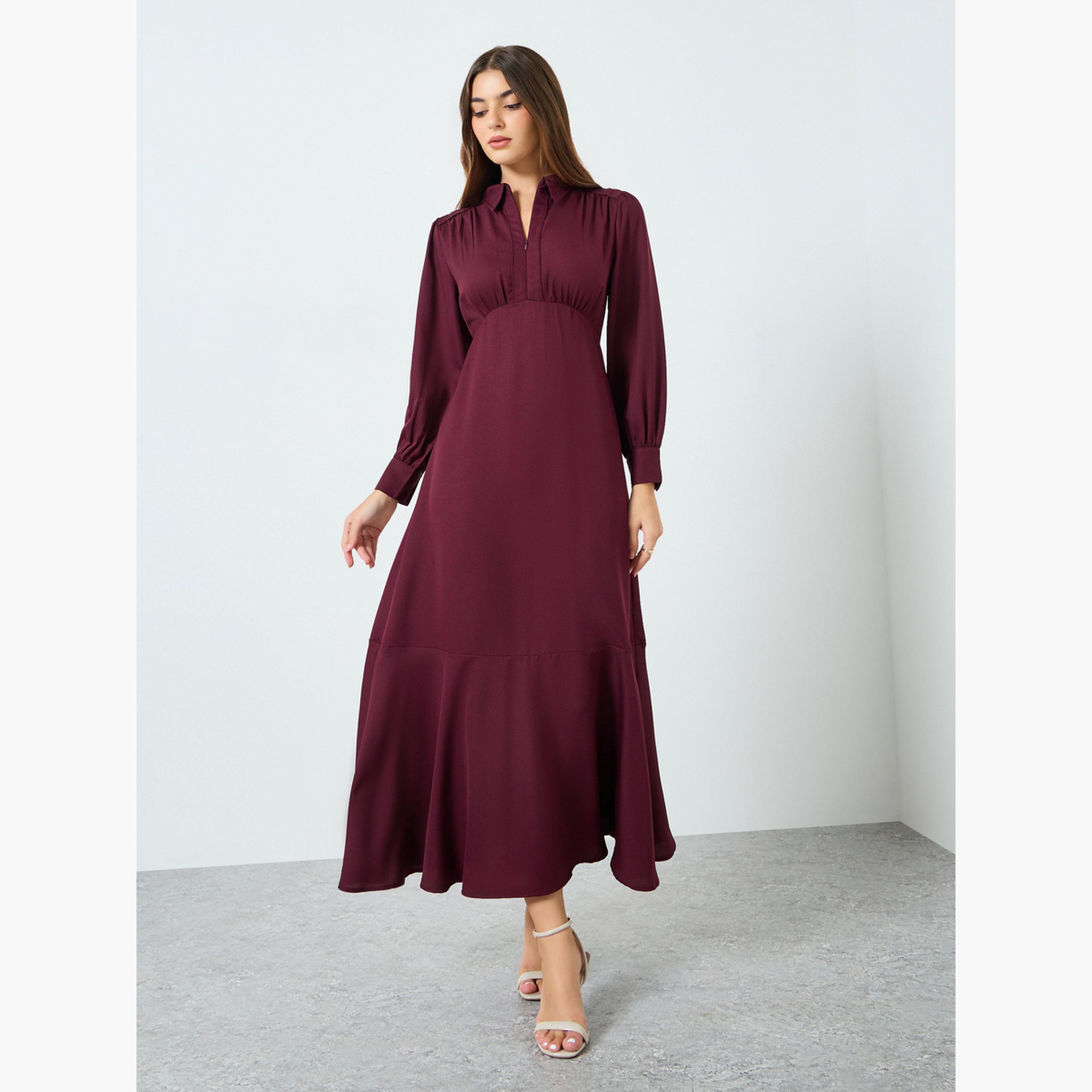 Buy Styli Women Burgundy Balloon Sleeve A-Line Maxi Dress Online ...