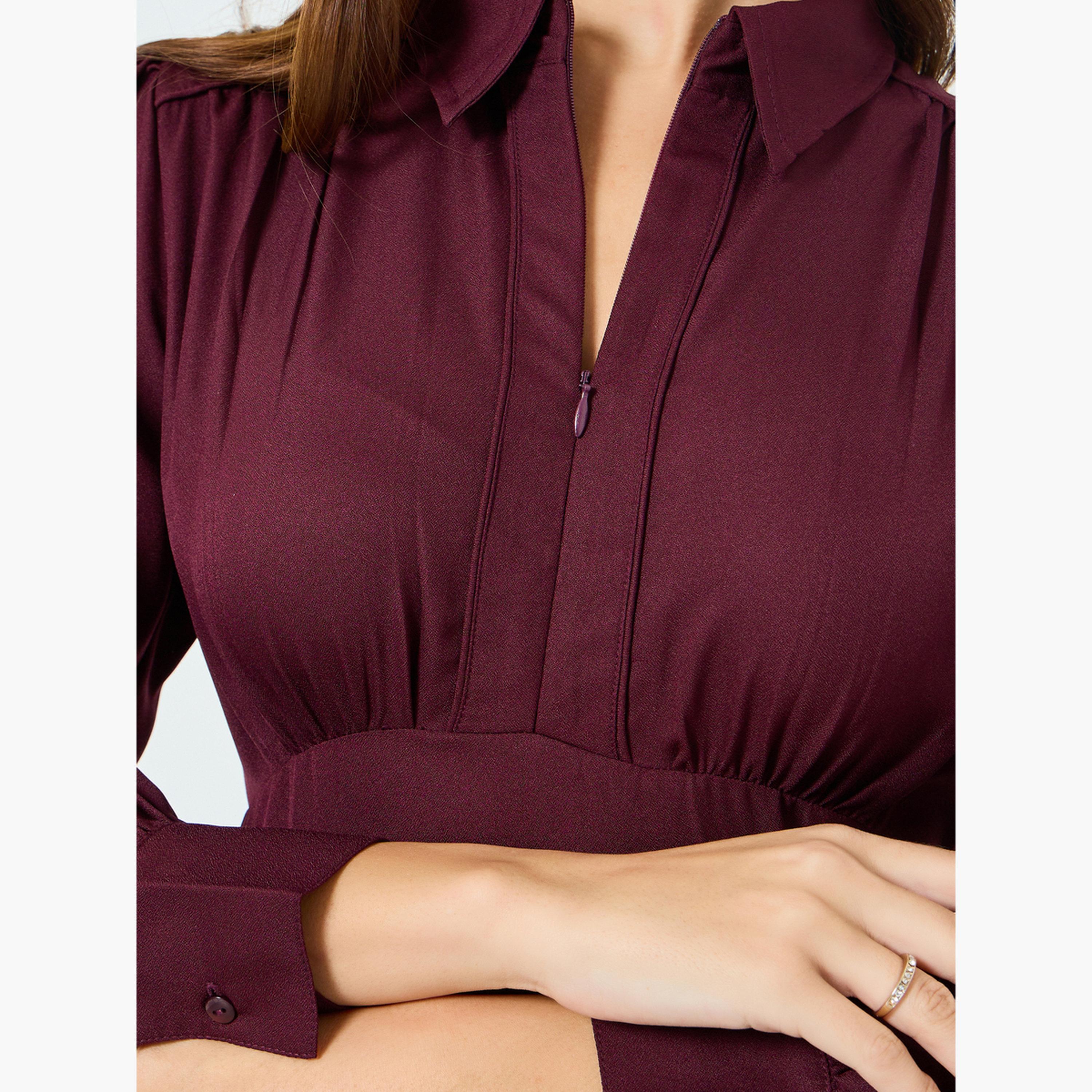 Buy Styli Women Burgundy Balloon Sleeve A-Line Maxi Dress Online ...