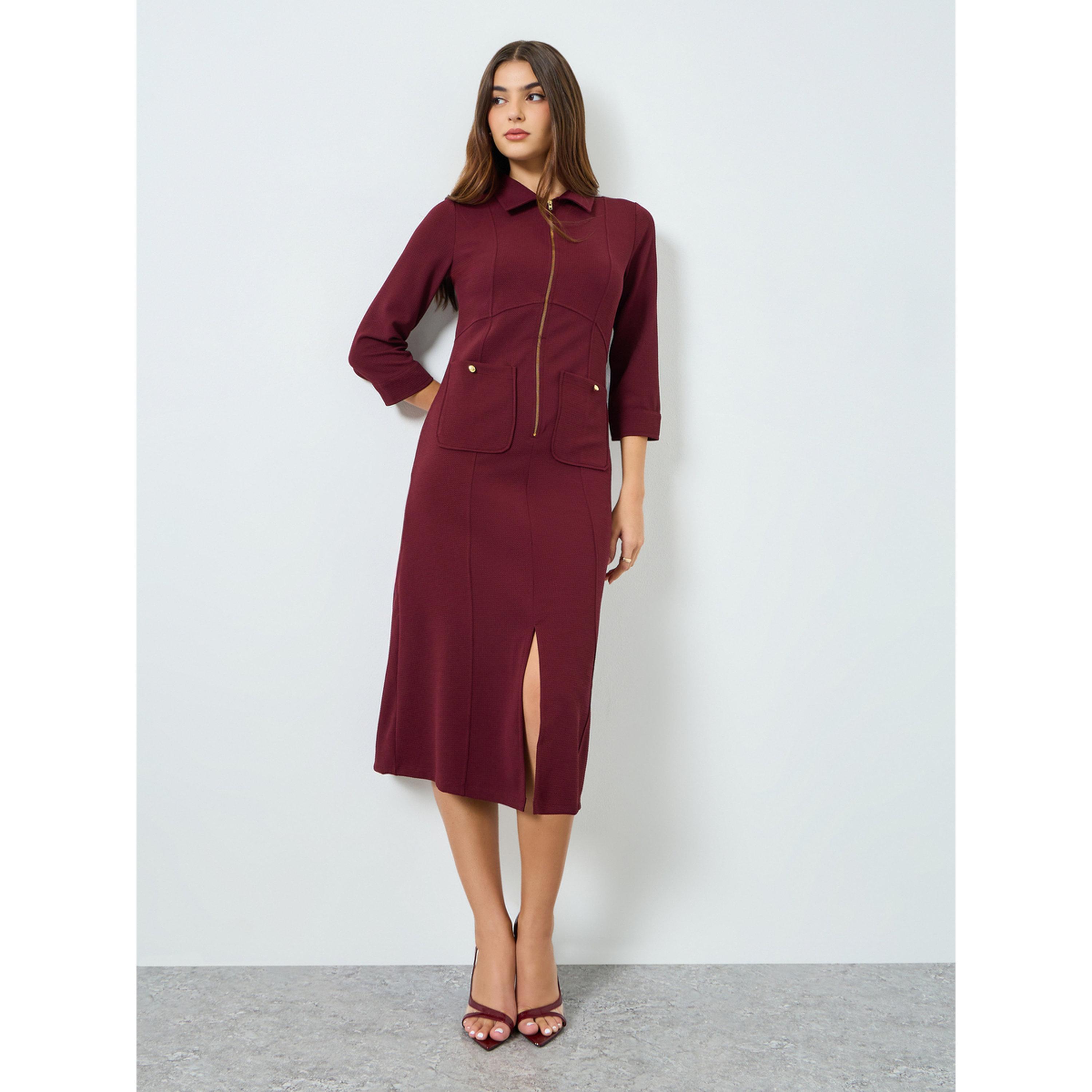 Styli Women Burgundy Shirt Midi Dress with 3/4th Sleeves-women-clothing-dresses-image-1