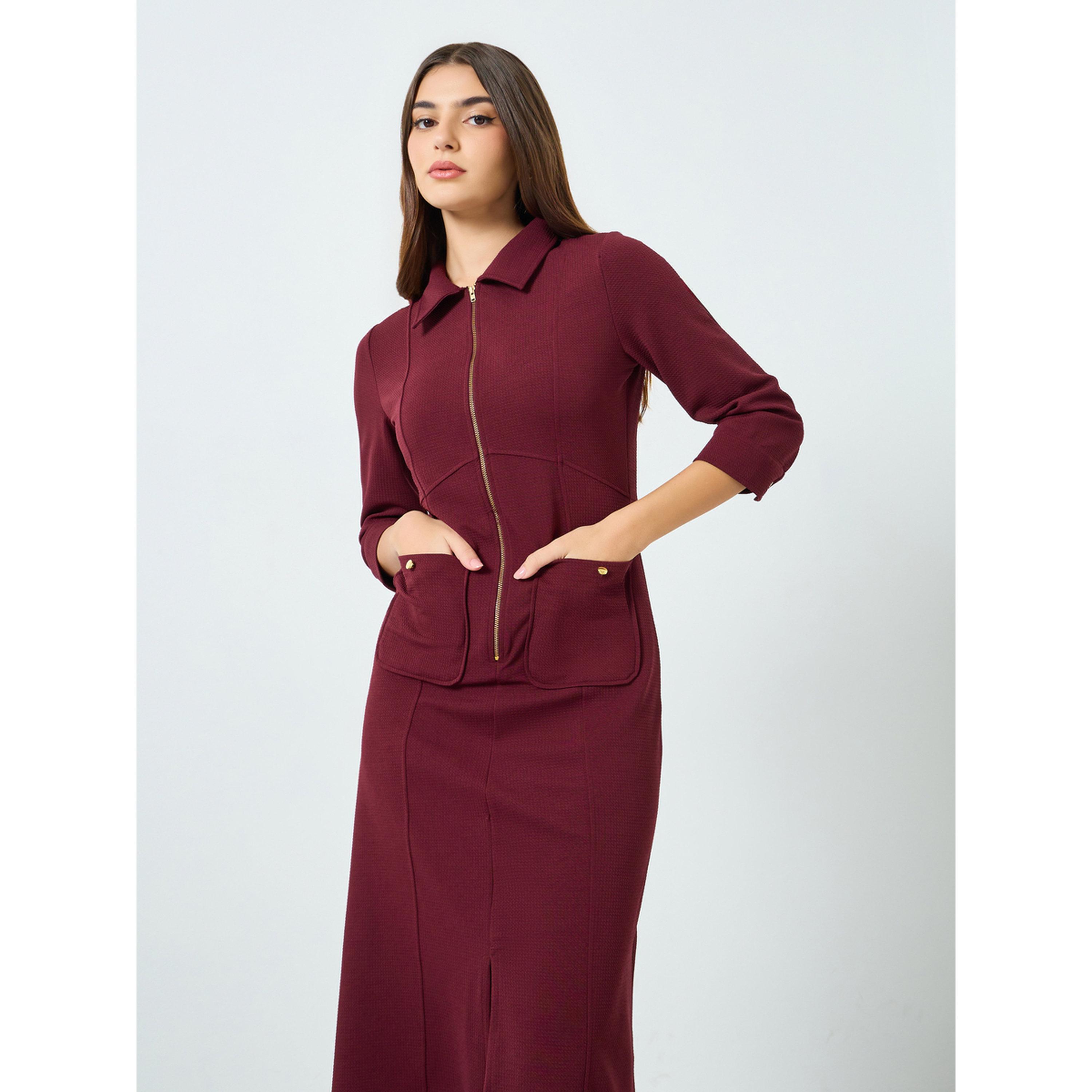 Styli Women Burgundy Shirt Midi Dress with 3/4th Sleeves-women-clothing-dresses-image-2