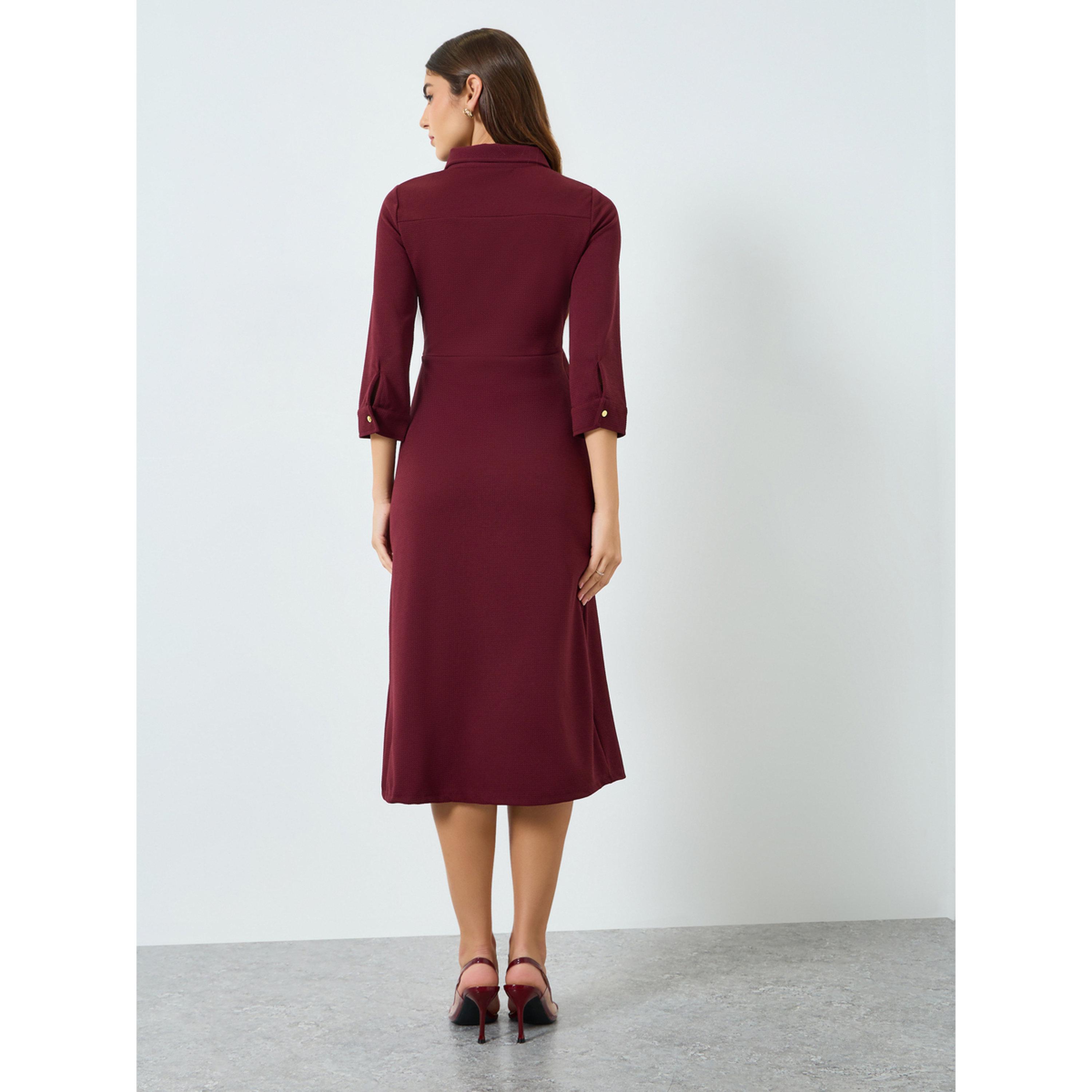 Styli Women Burgundy Shirt Midi Dress with 3/4th Sleeves-women-clothing-dresses-image-3
