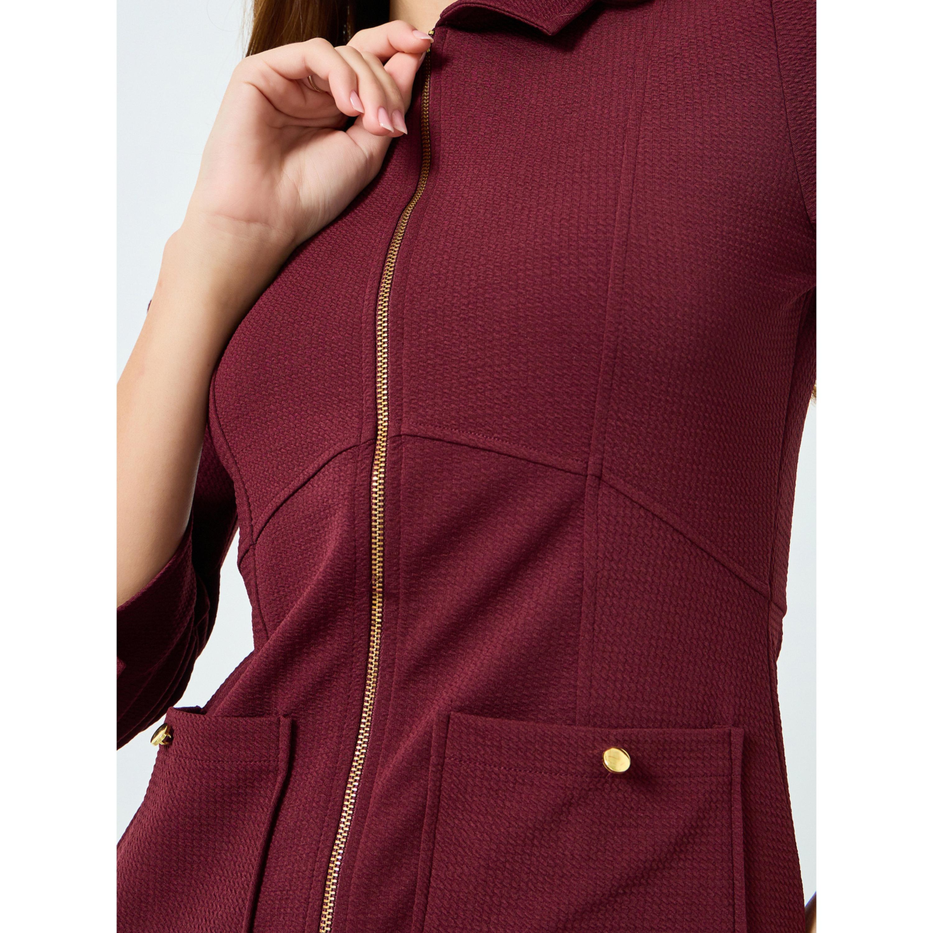 Styli Women Burgundy Shirt Midi Dress with 3/4th Sleeves-women-clothing-dresses-image-4