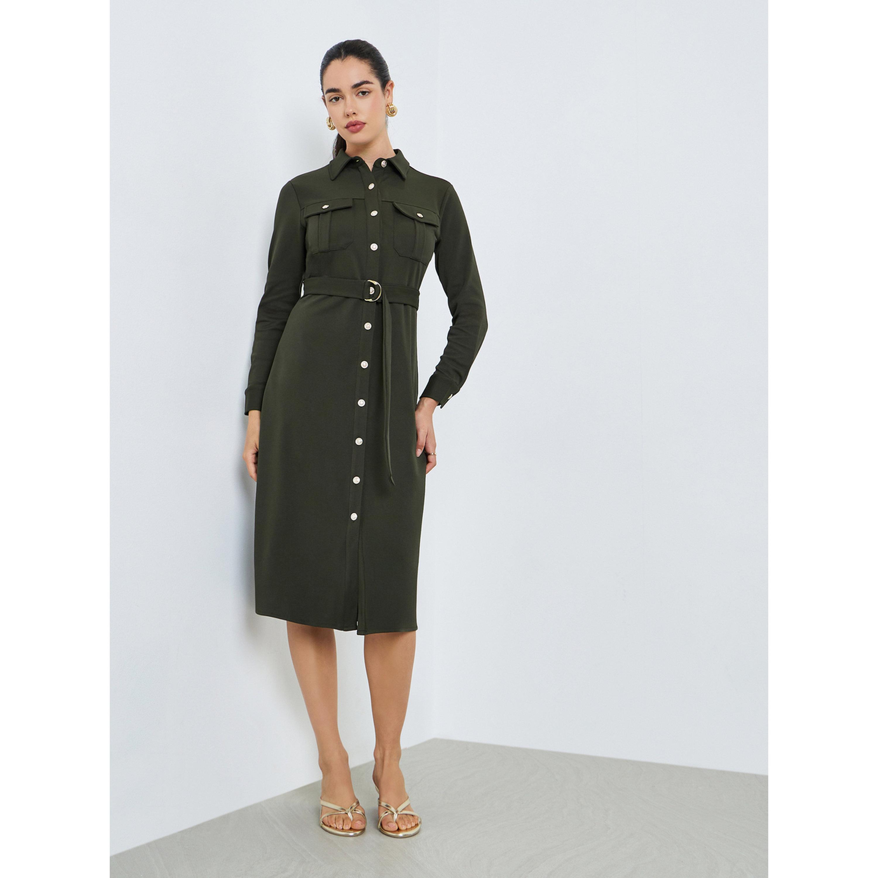 فستان ميدي بنمط قميص وحزام-women-clothing-dresses-image-1