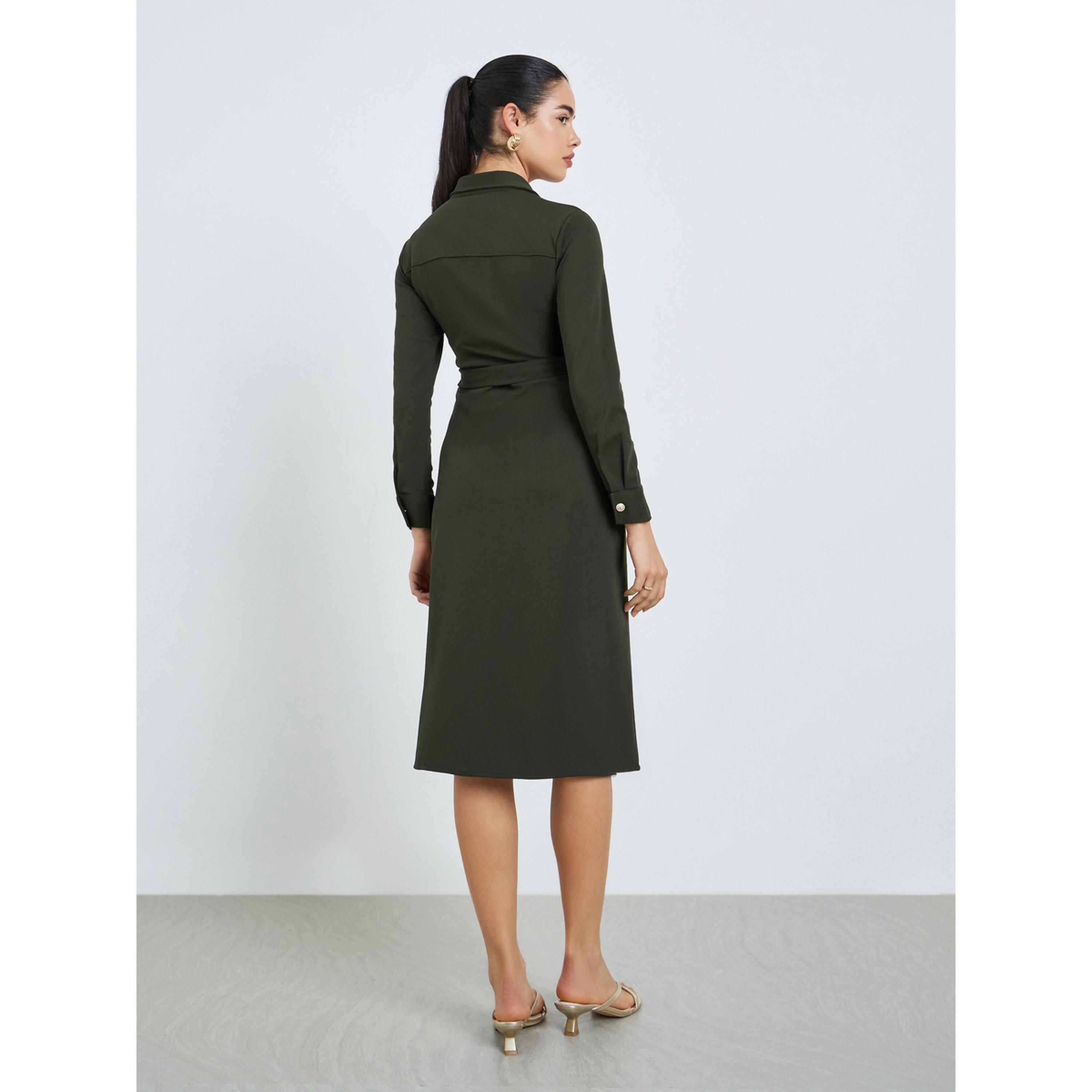 فستان ميدي بنمط قميص وحزام-women-clothing-dresses-image-3