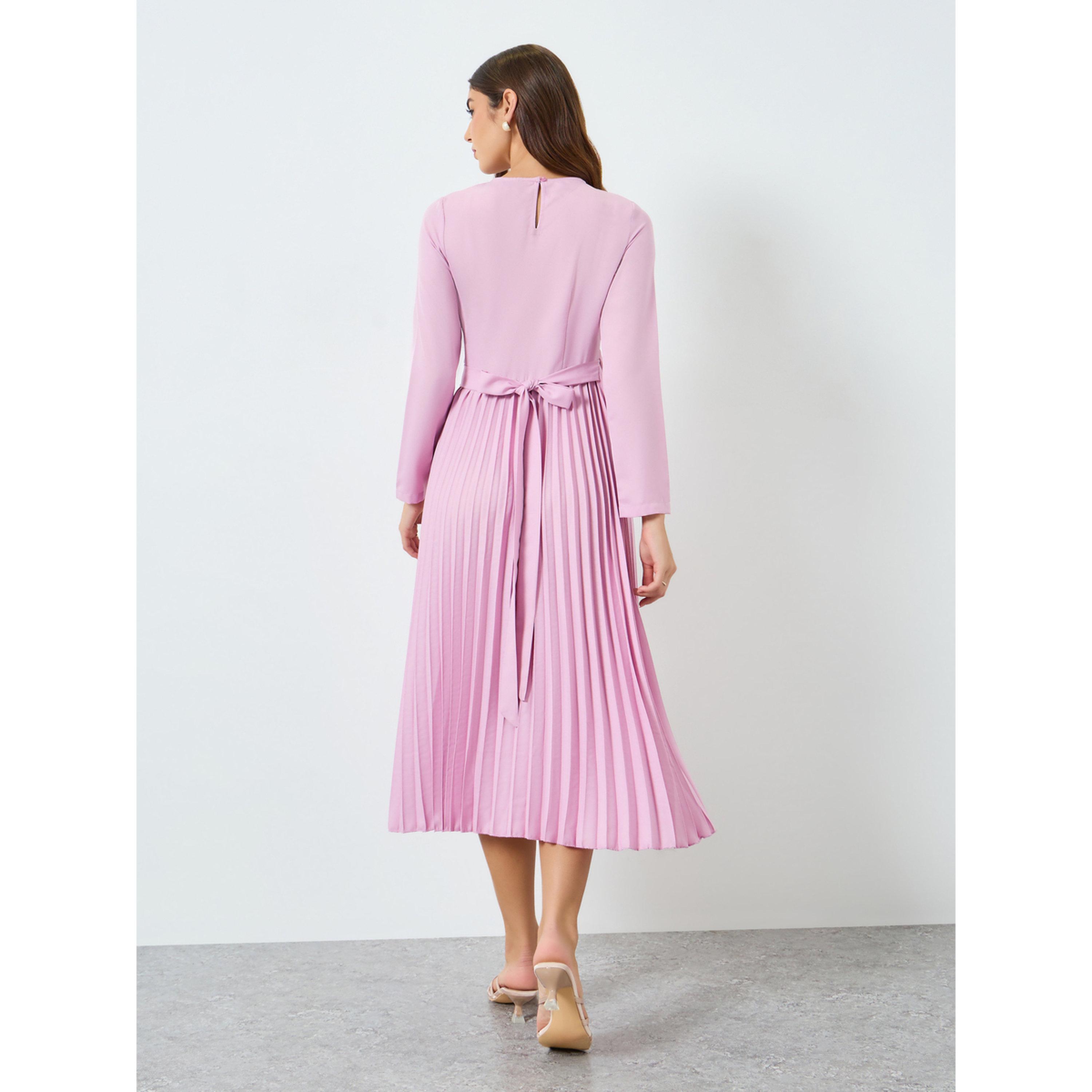 فستان ميدي بليسيه بأكمام طويلة للنساء-women-clothing-dresses-image-4