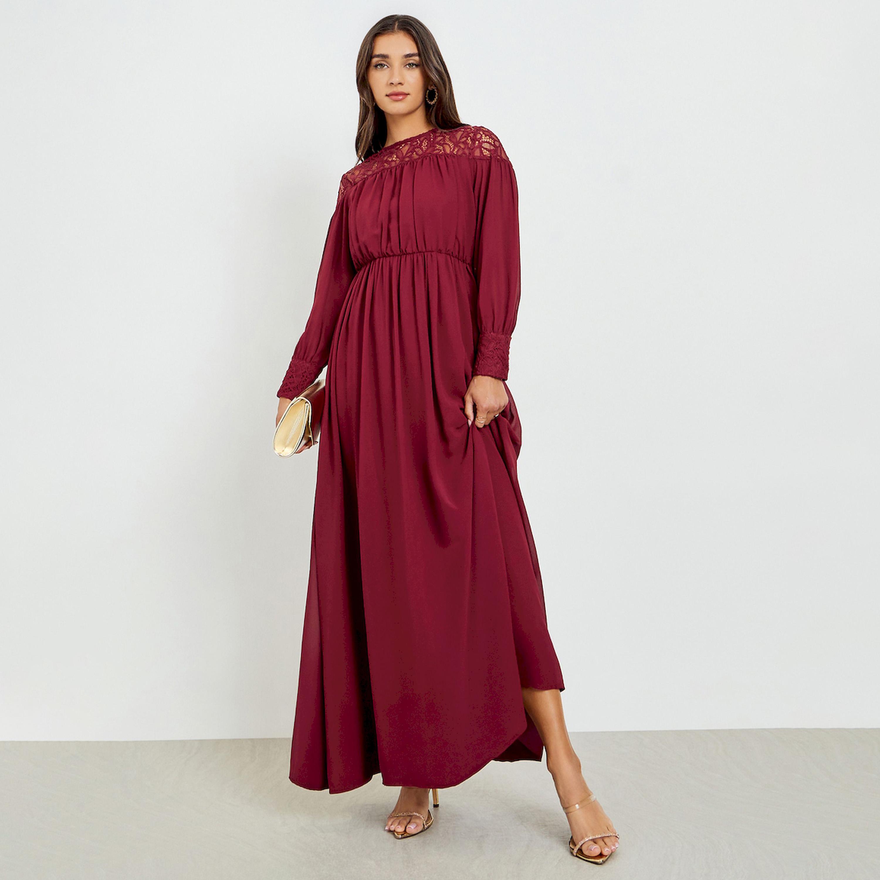 فستان طويل بأكمام طويلة وتصميم مريح مارون-women-clothing-dresses-image-1