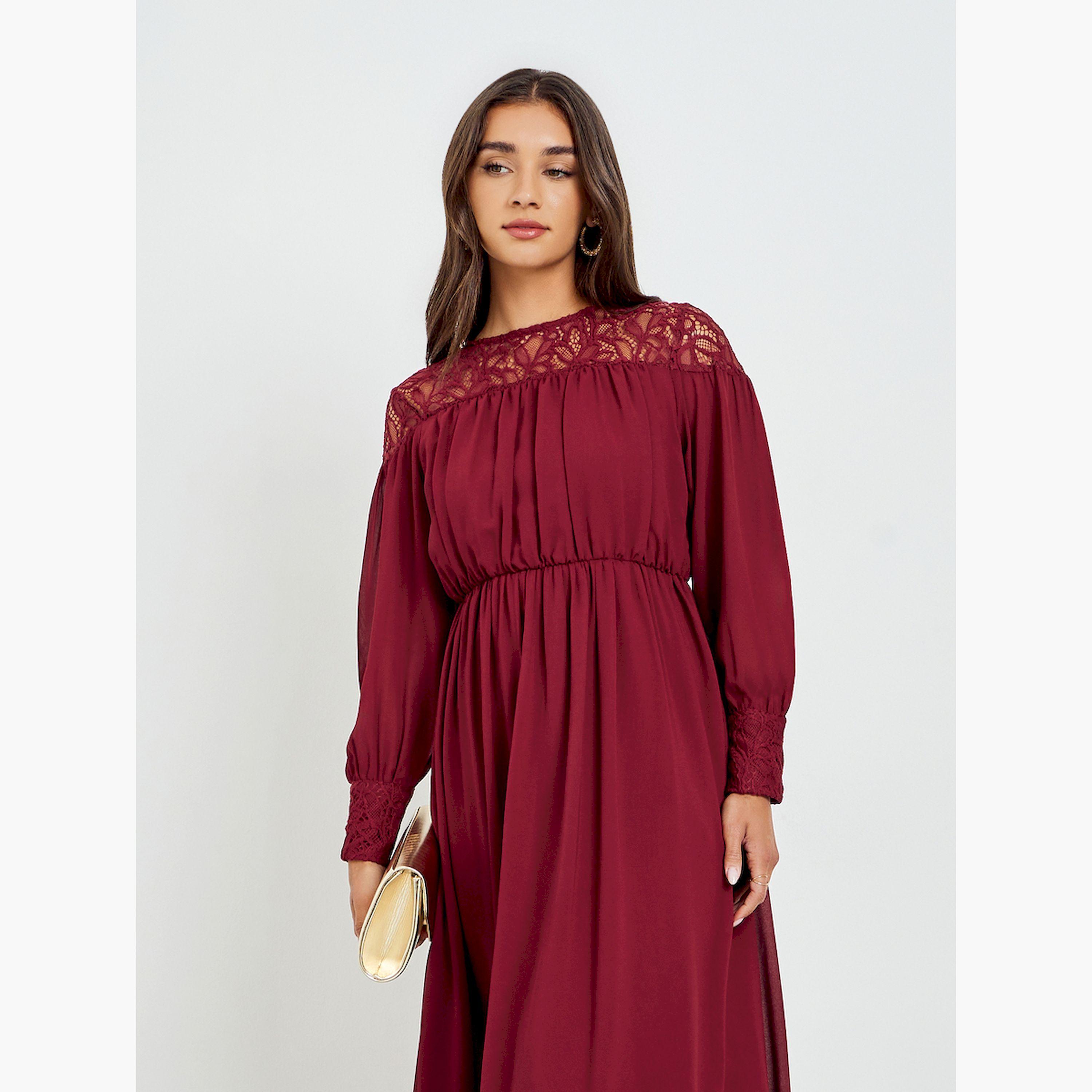 فستان طويل بأكمام طويلة وتصميم مريح مارون-women-clothing-dresses-image-2