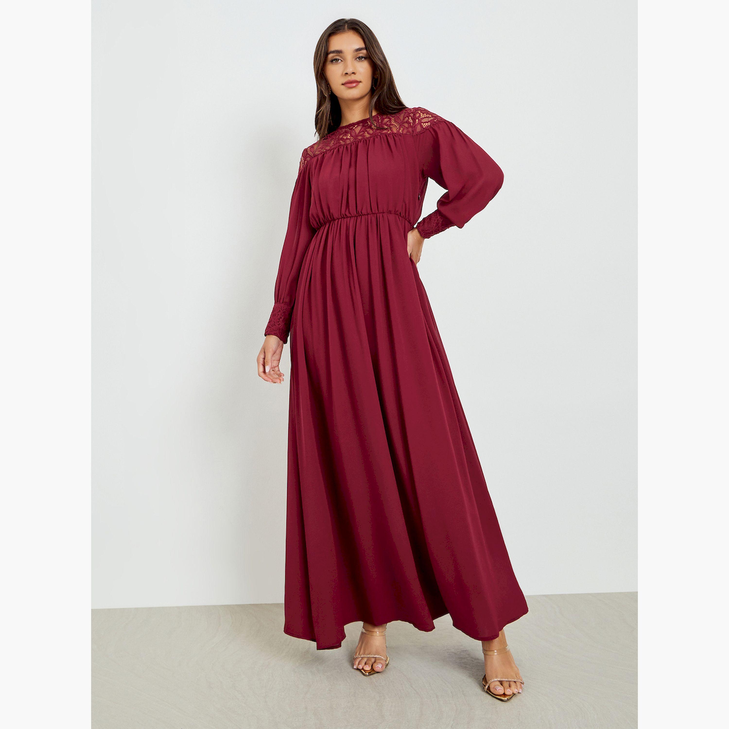 فستان طويل بأكمام طويلة وتصميم مريح مارون-women-clothing-dresses-image-3