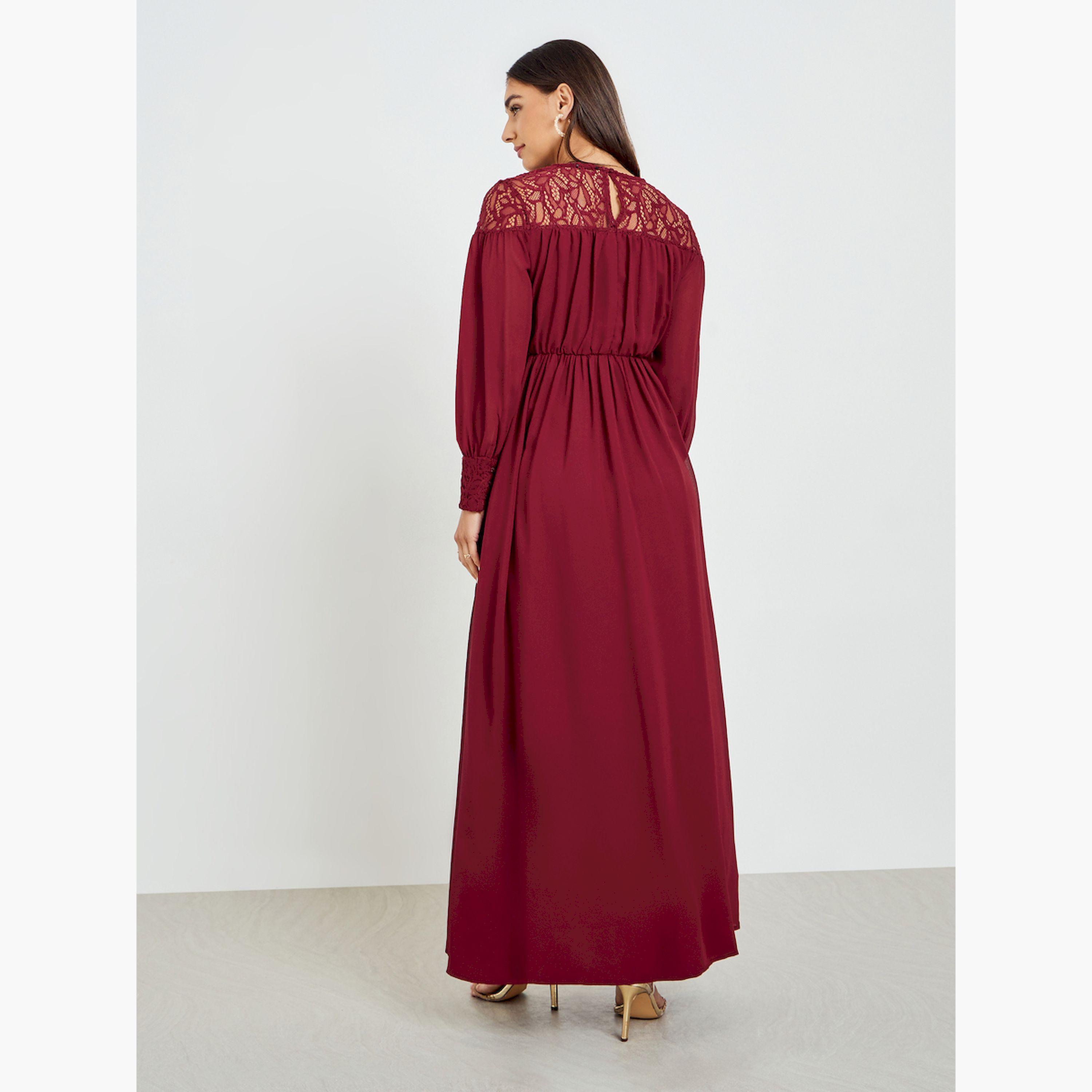 فستان طويل بأكمام طويلة وتصميم مريح مارون-women-clothing-dresses-image-4