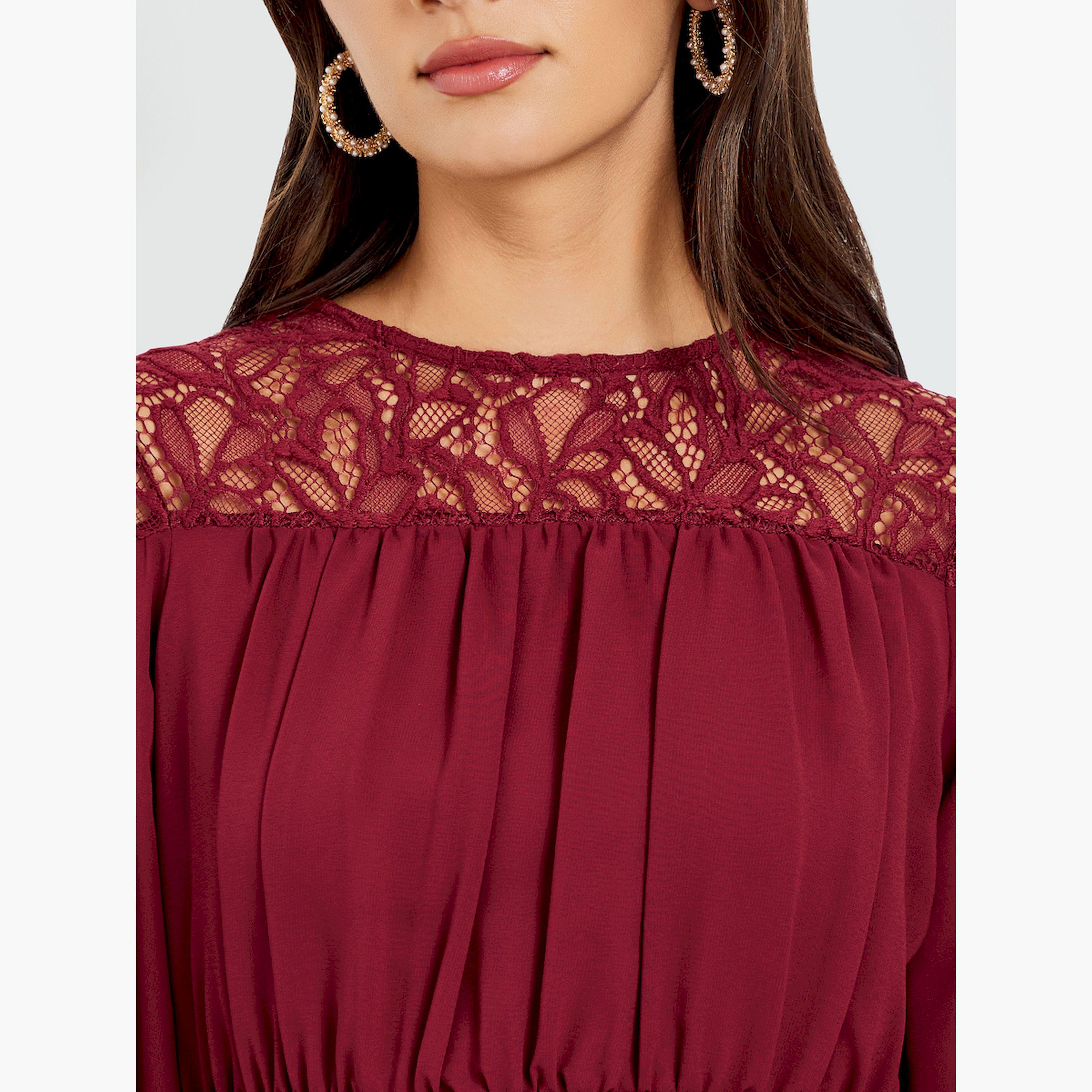 فستان طويل بأكمام طويلة وتصميم مريح مارون-women-clothing-dresses-image-5