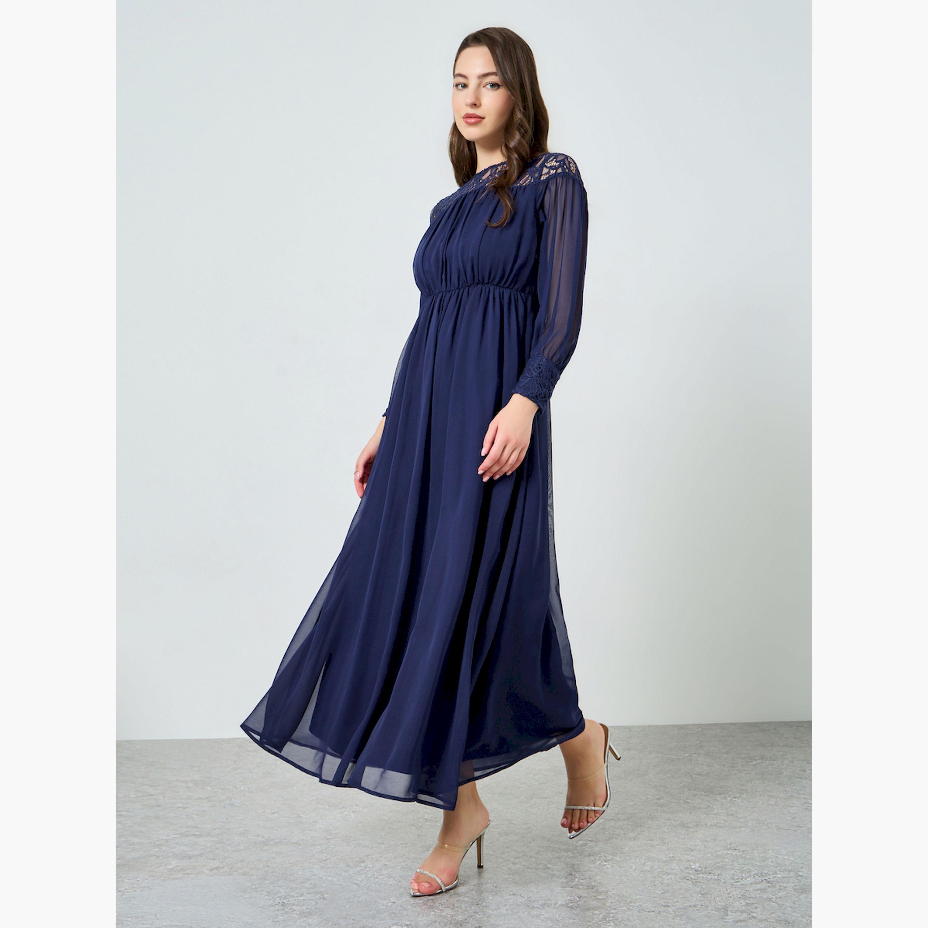 Styli Women Navy Blue Lace Insert A-Line Maxi Dress-women-clothing-dresses-image-1