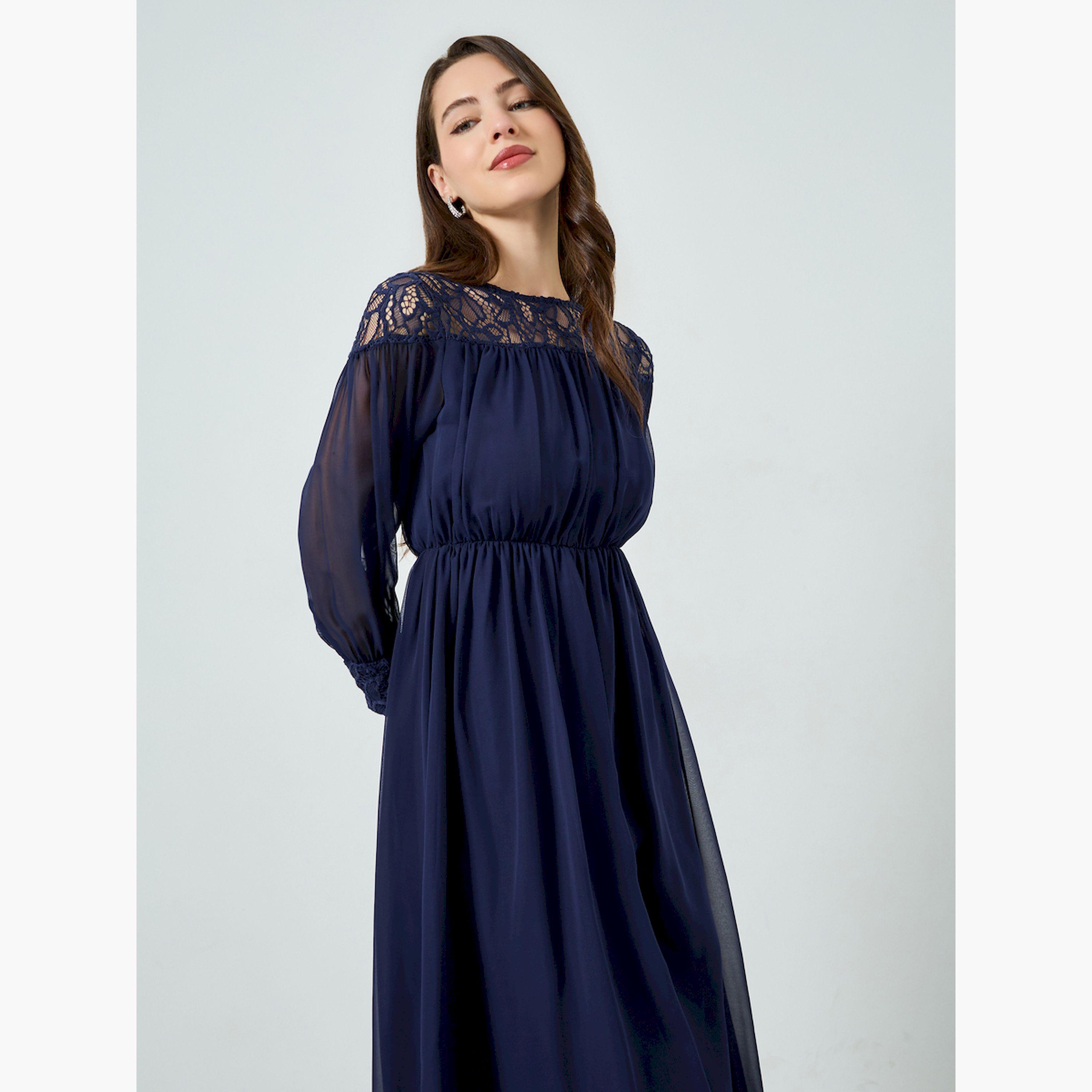فستان طويل بتفاصيل دانتيل وحافة واسعة-women-clothing-dresses-image-2