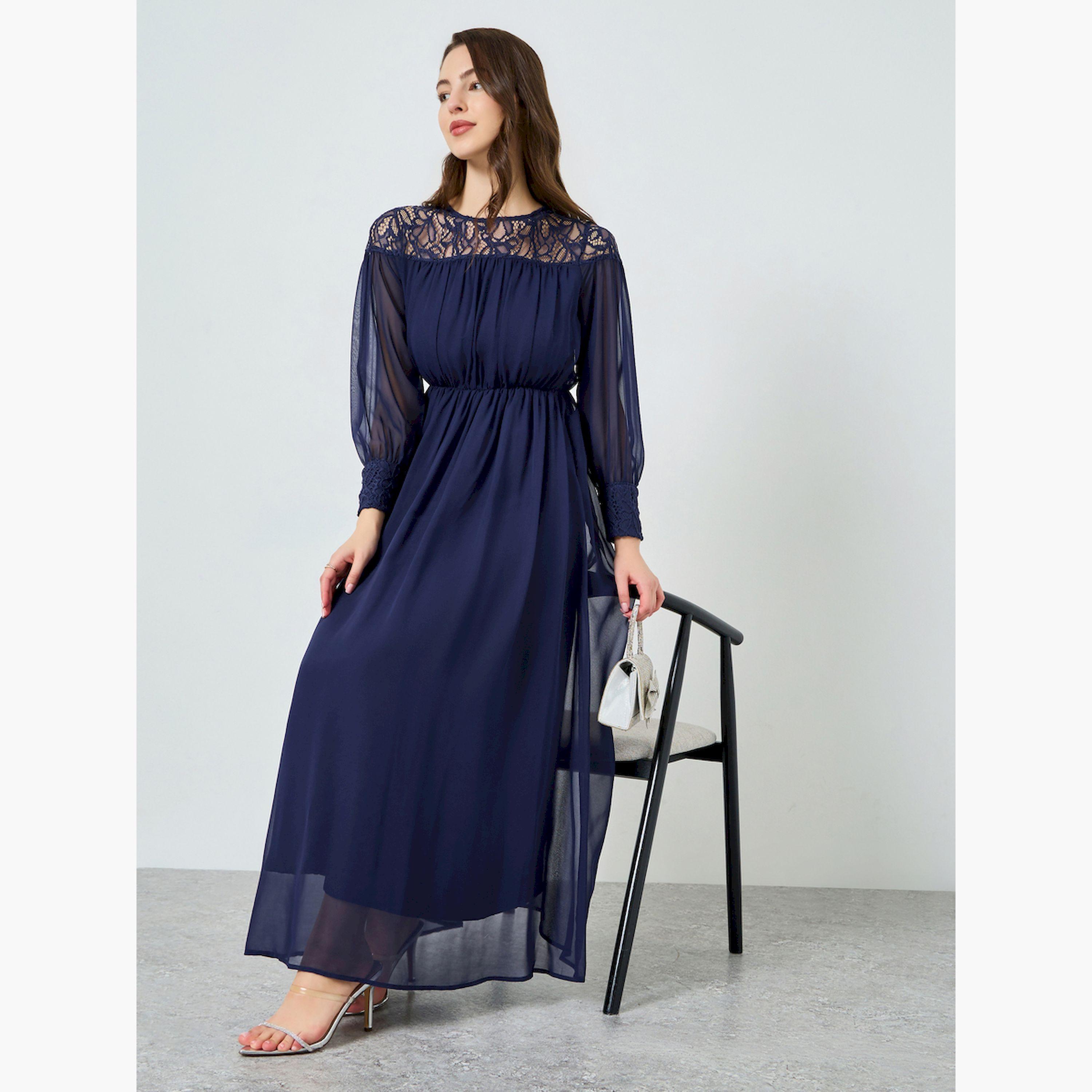 Styli Women Navy Blue Lace Insert A-Line Maxi Dress-women-clothing-dresses-image-3