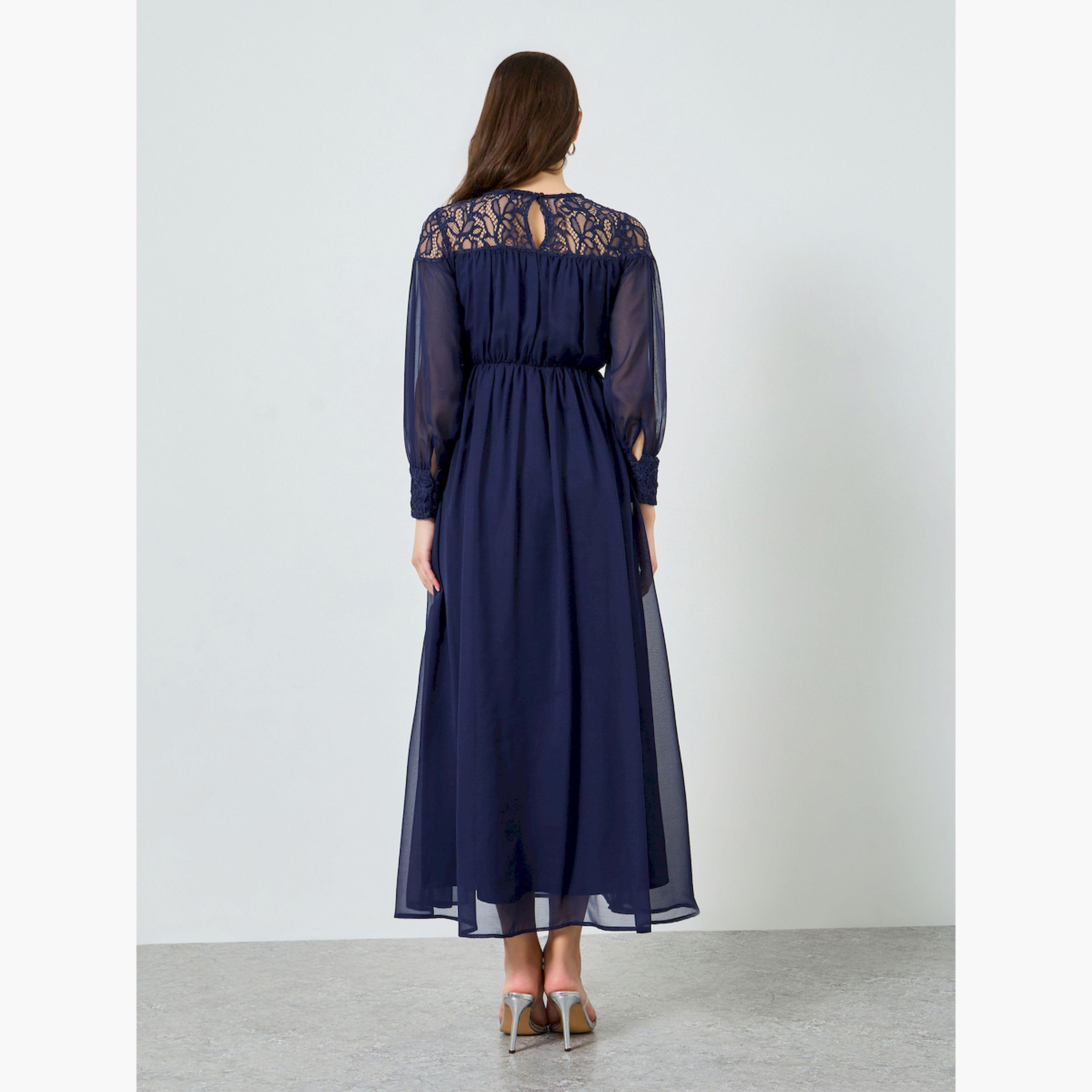 فستان طويل بتفاصيل دانتيل وحافة واسعة-women-clothing-dresses-image-4
