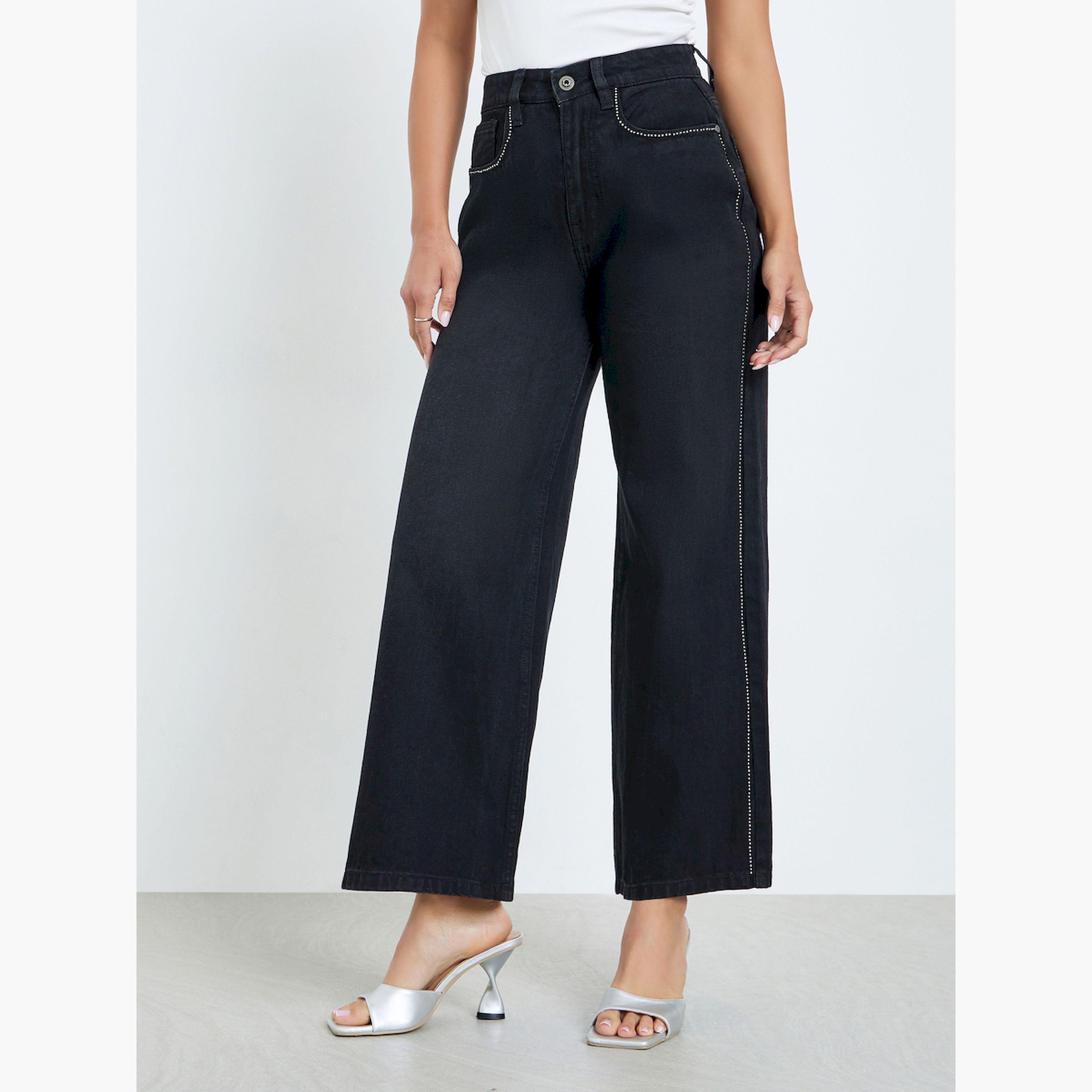 جينز بساق واسعة وخصر مرتفع مزين بمسامير جانبية-women-clothing-bottoms-jeans-image-1