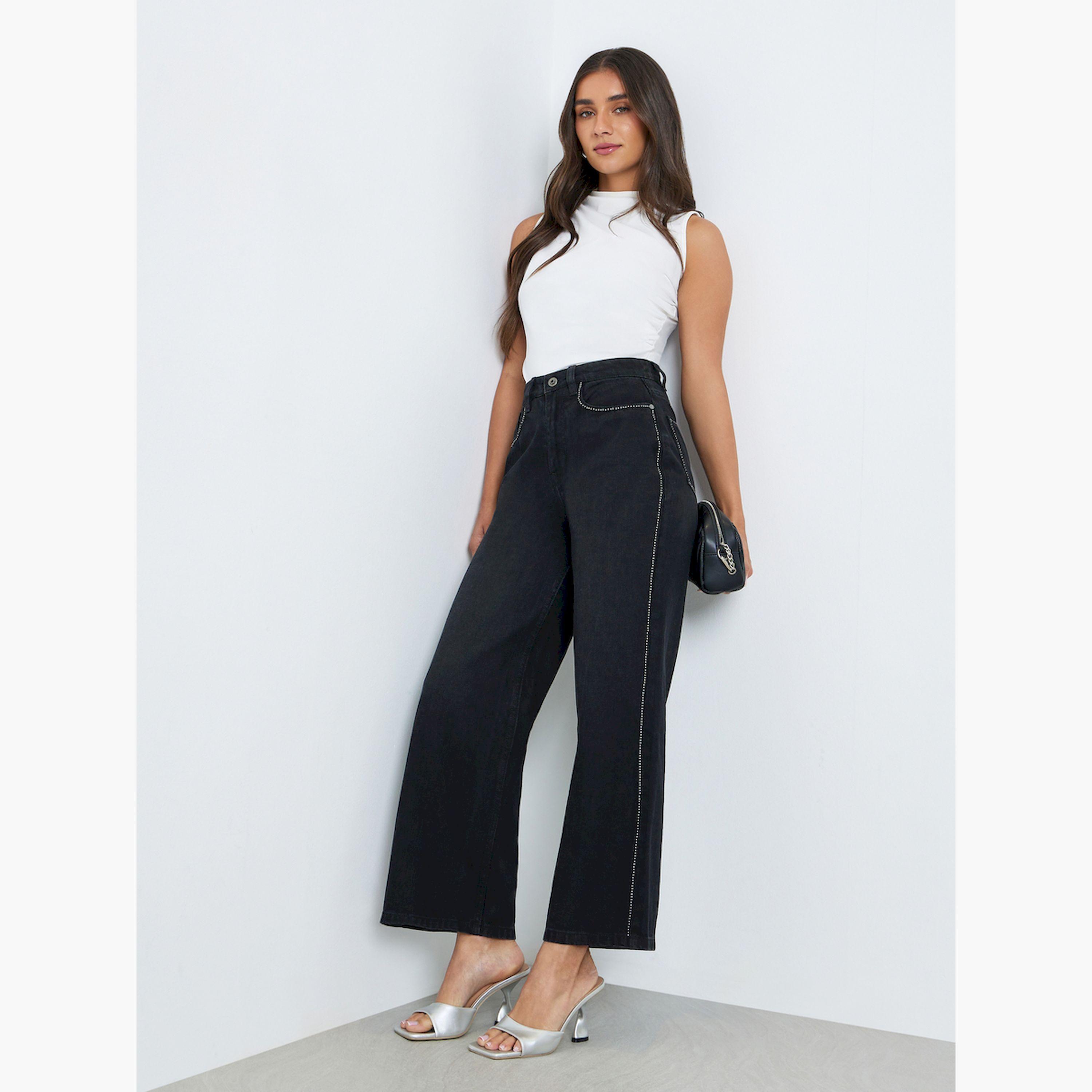 جينز بساق واسعة وخصر مرتفع مزين بمسامير جانبية-women-clothing-bottoms-jeans-image-2