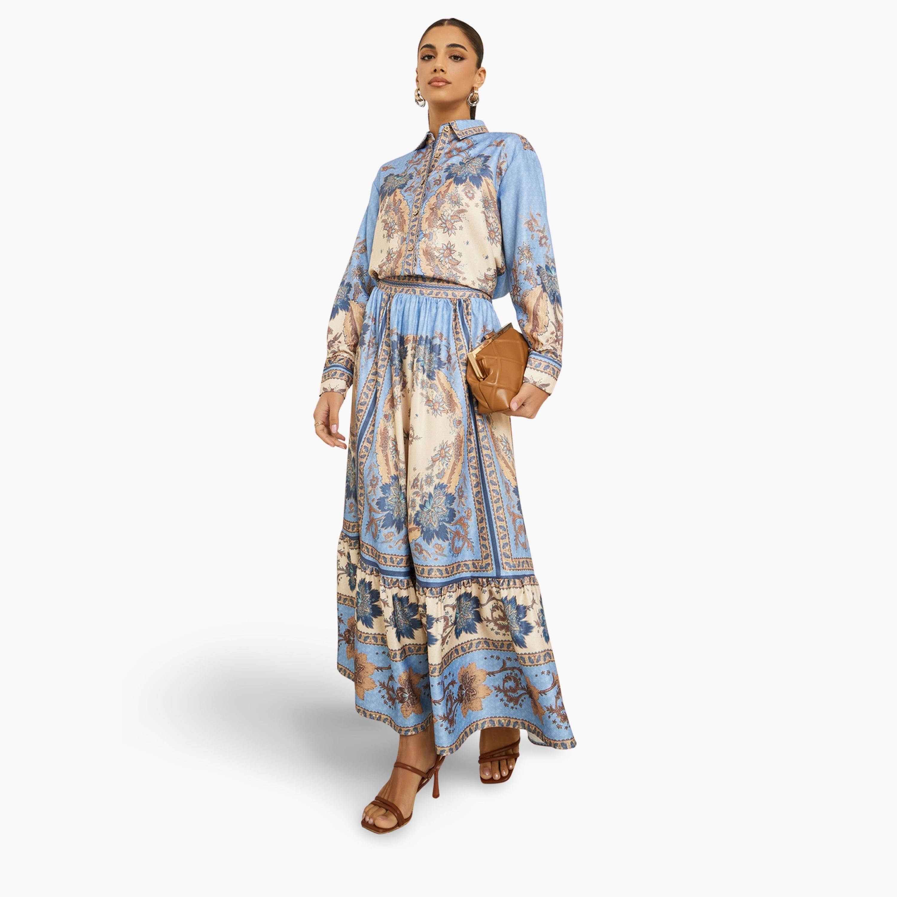 Styli Women Printed Buttoned Top with Maxi Skirt Co-Ords-women-clothing-coordsets-image-1