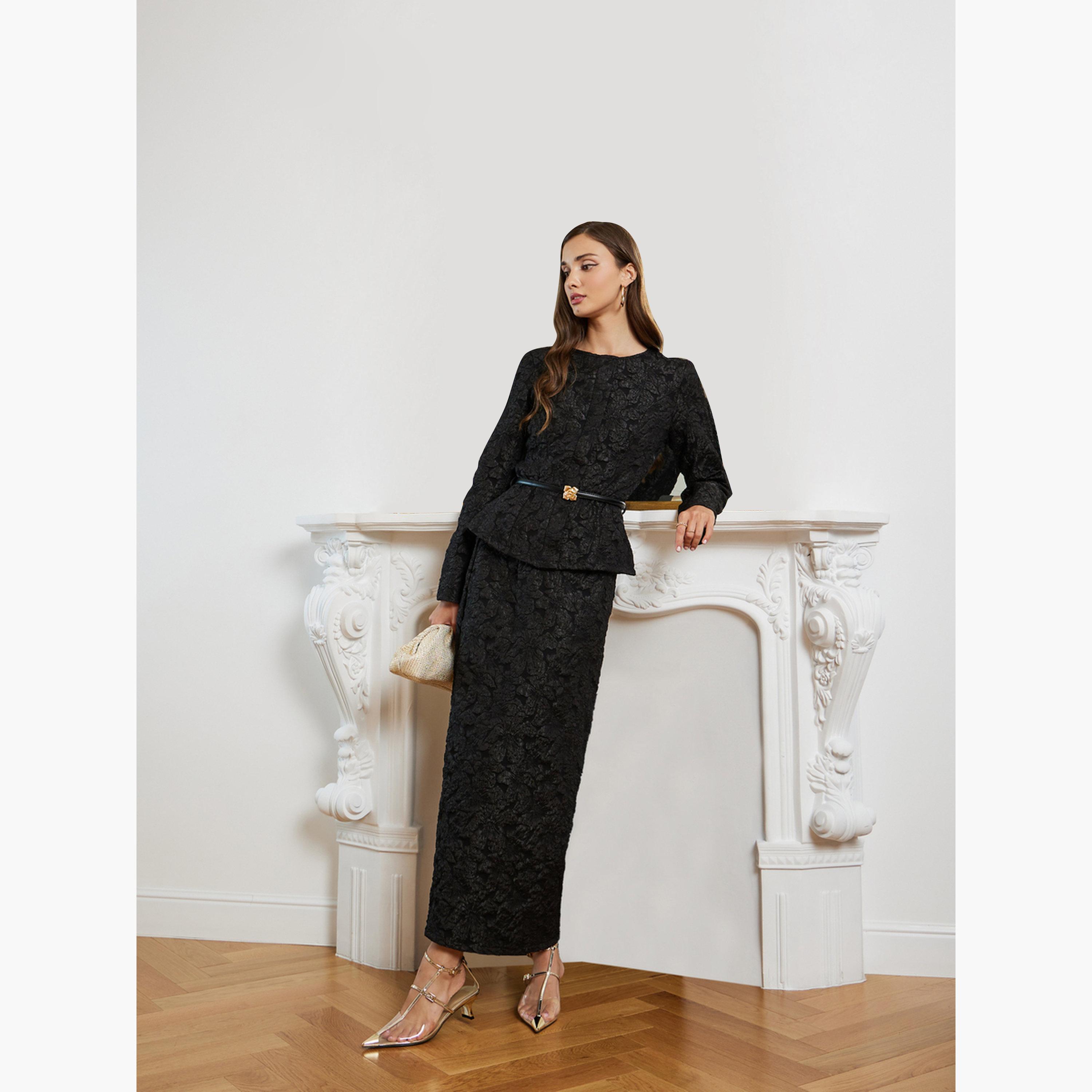 طقم منسق من تنورة وبلوزة بزهور جاكار مع حزام-women-clothing-coordsets-image-1