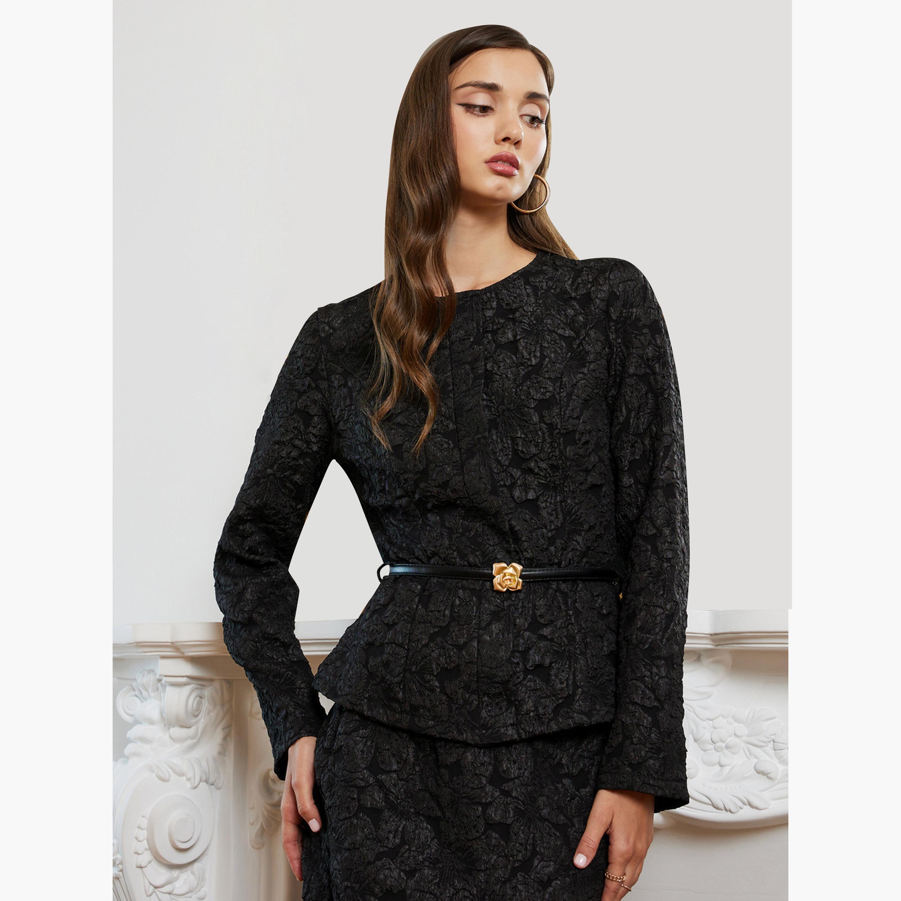 طقم منسق من تنورة وبلوزة بزهور جاكار مع حزام-women-clothing-coordsets-image-2
