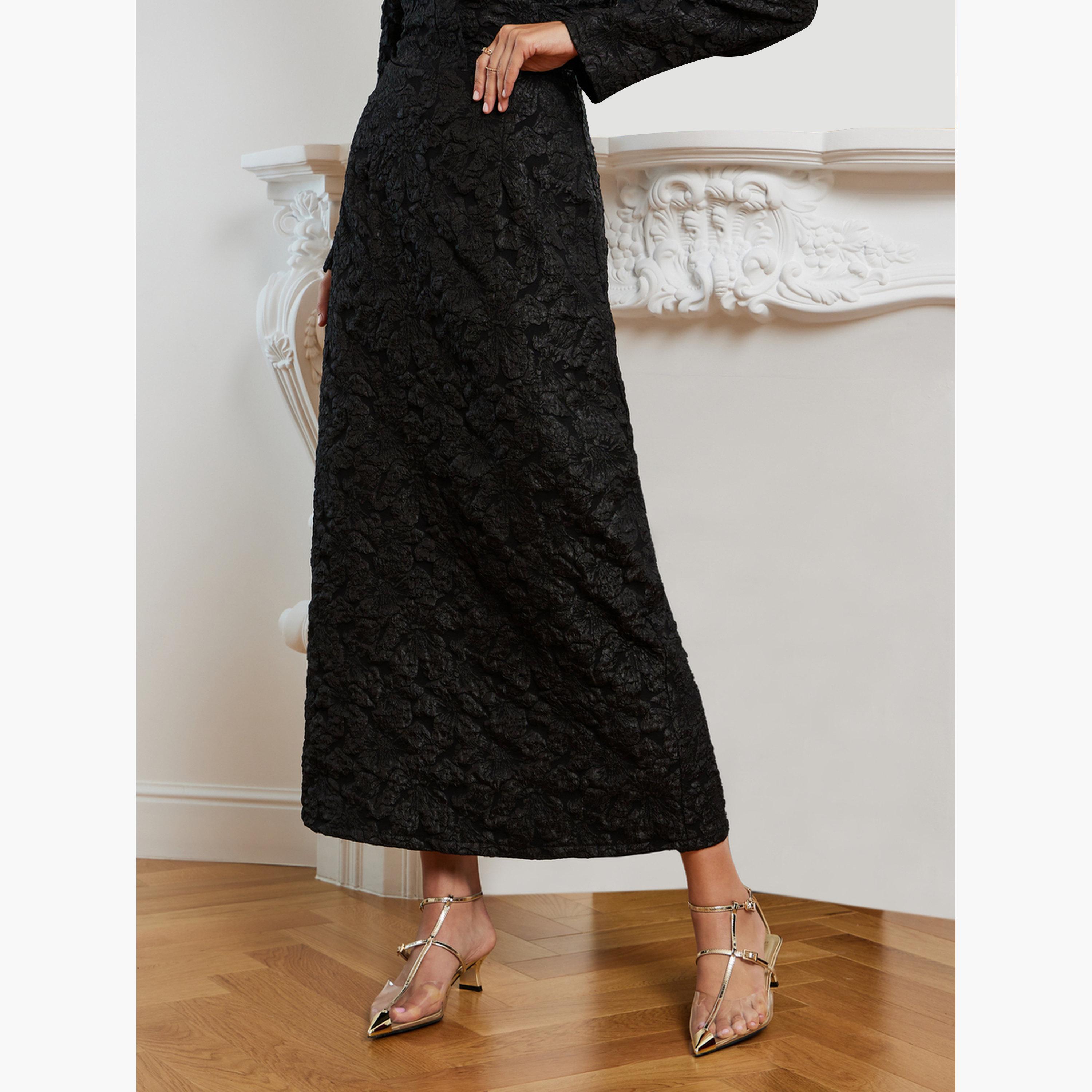 طقم منسق من تنورة وبلوزة بزهور جاكار مع حزام-women-clothing-coordsets-image-4