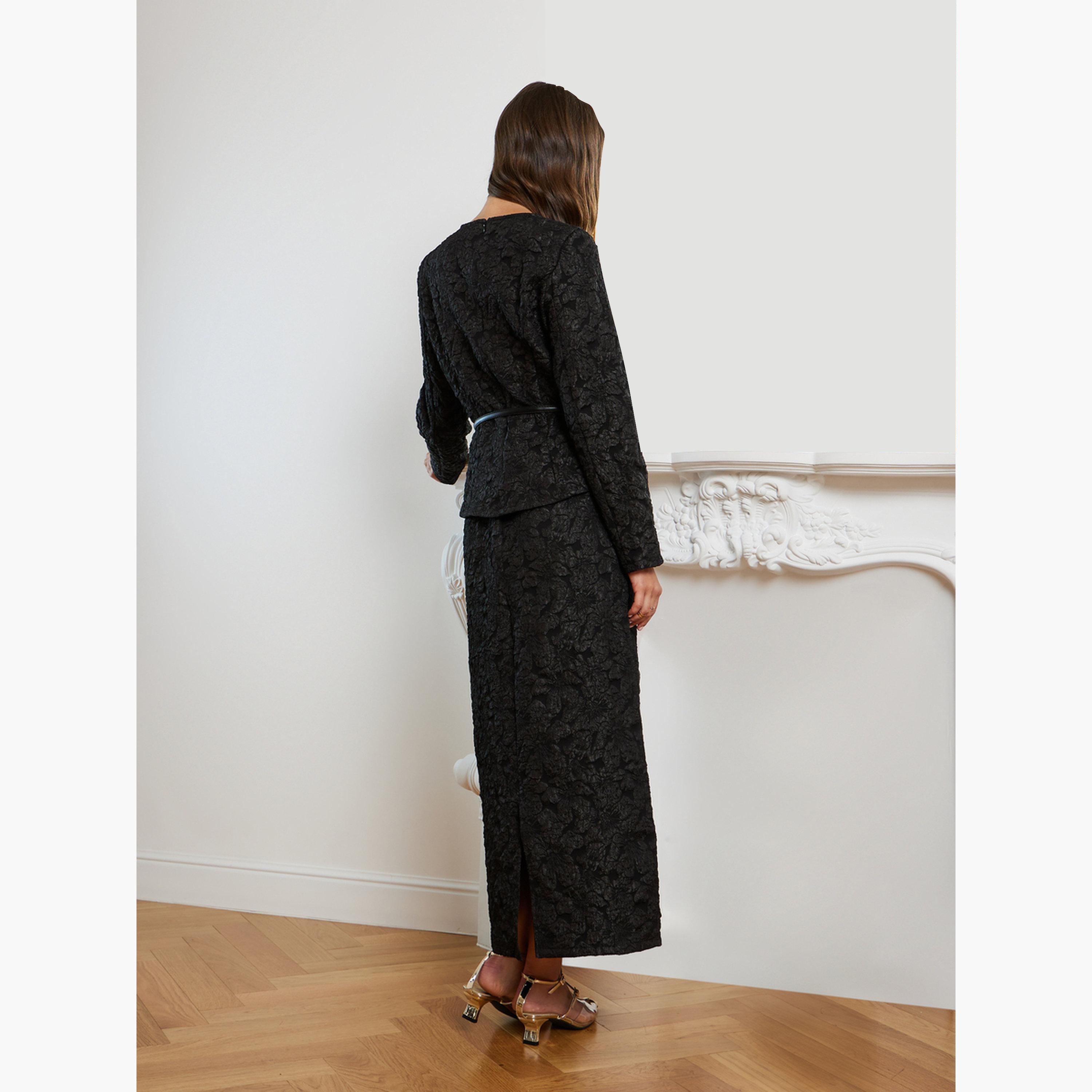Styli Women Floral Jacquard Belted Top and Skirt Co-Ords-women-clothing-coordsets-image-5