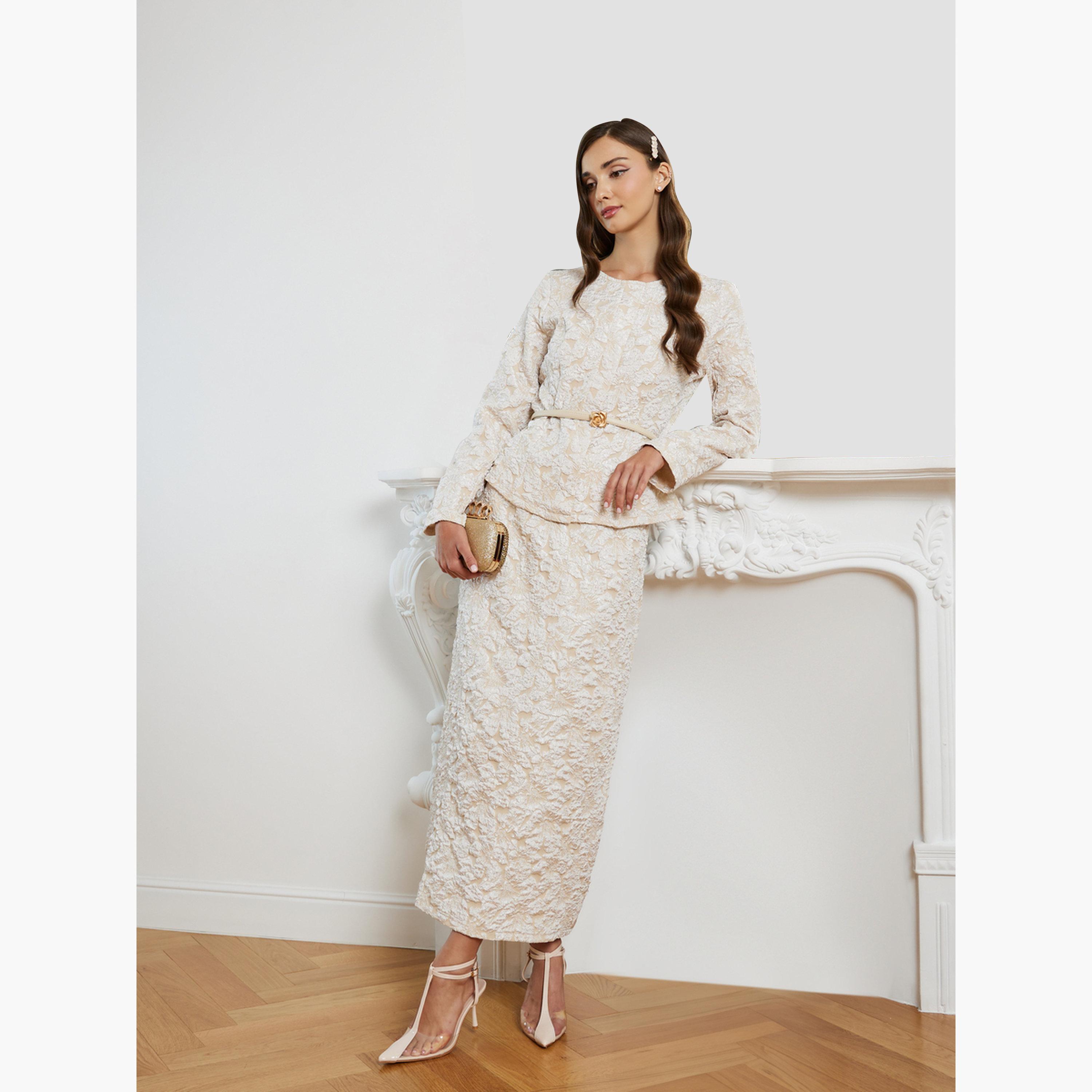 طقم منسق من تنورة وبلوزة بزهور جاكار مع حزام-women-clothing-coordsets-image-1
