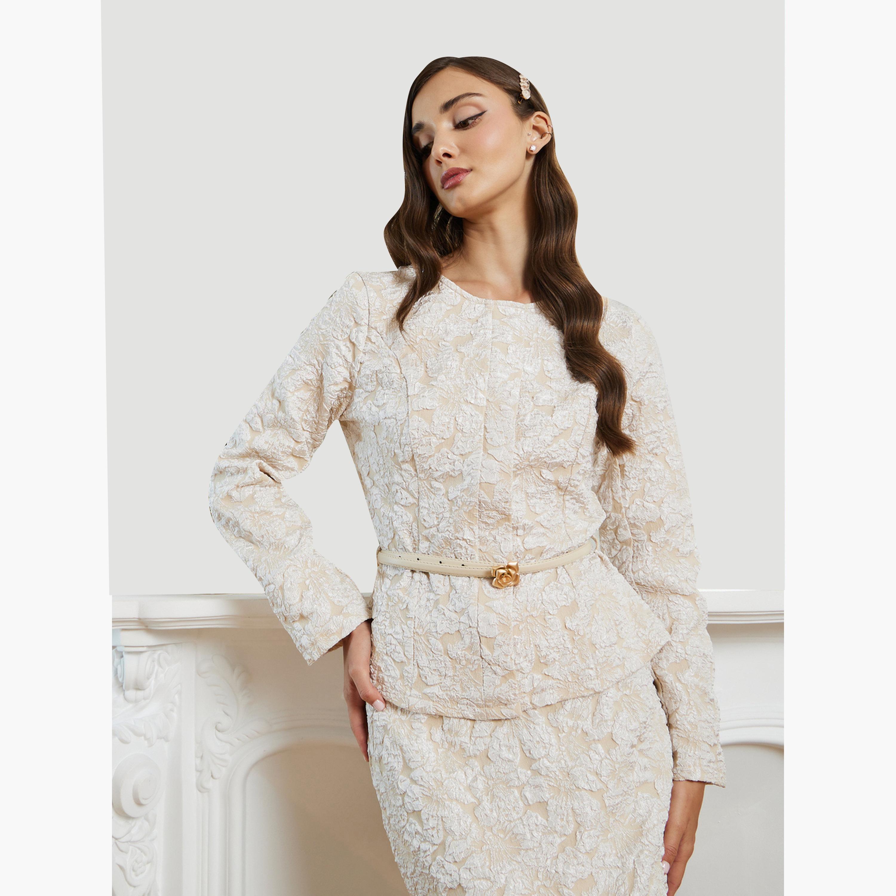 طقم منسق من تنورة وبلوزة بزهور جاكار مع حزام-women-clothing-coordsets-image-2