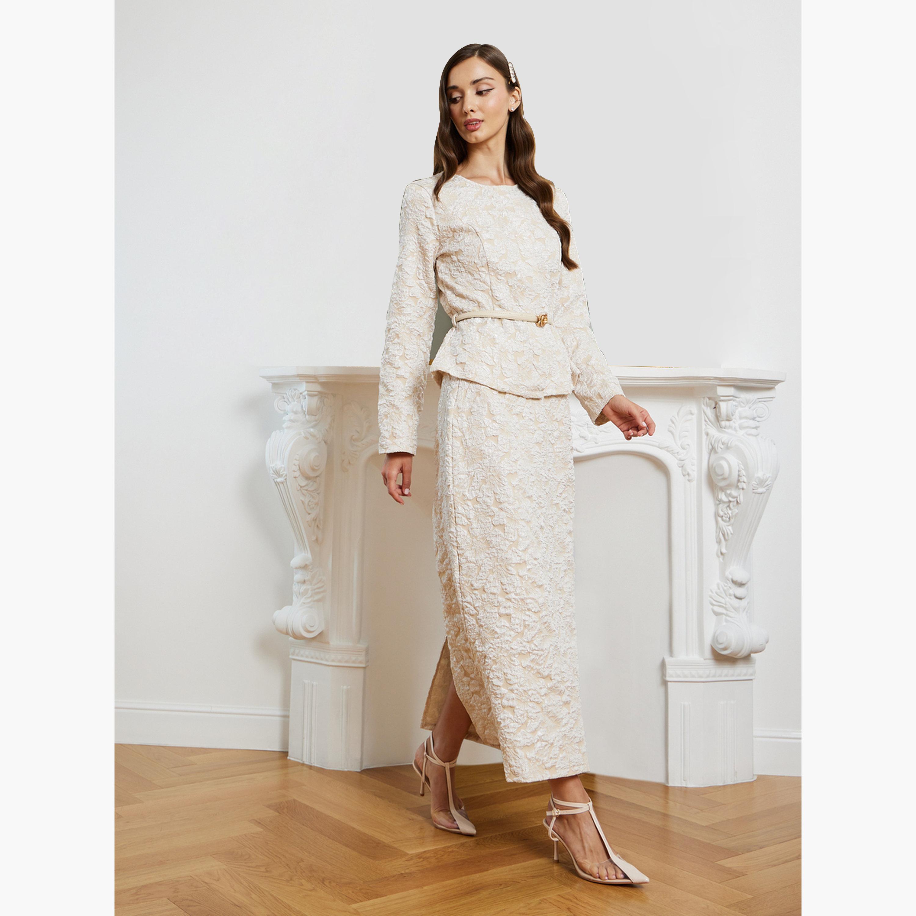 طقم منسق من تنورة وبلوزة بزهور جاكار مع حزام-women-clothing-coordsets-image-4