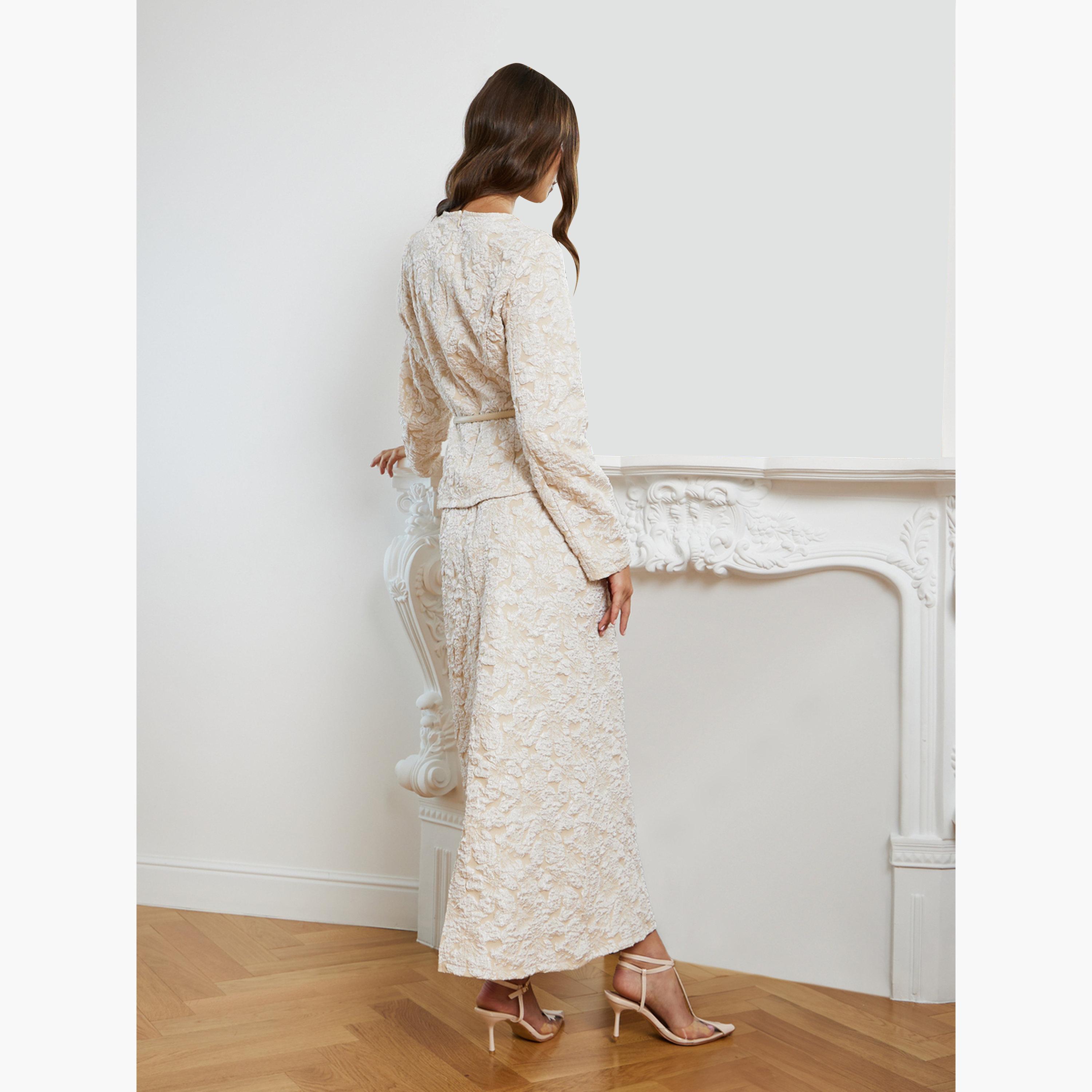 طقم منسق من تنورة وبلوزة بزهور جاكار مع حزام-women-clothing-coordsets-image-6