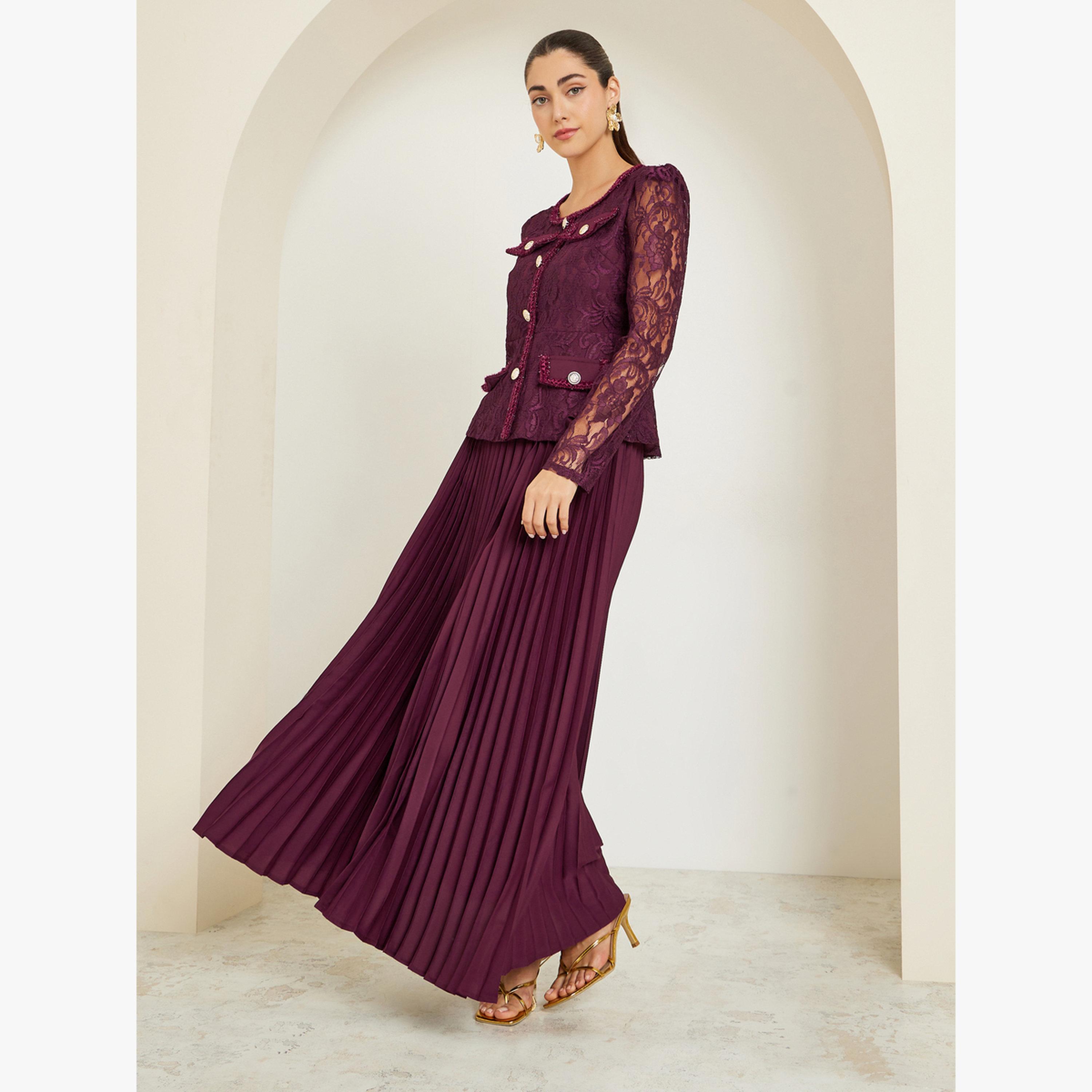 طقم منسق من تنورة بكسرات وبلوزة بتفاصيل دانتيل-women-clothing-coordsets-image-2